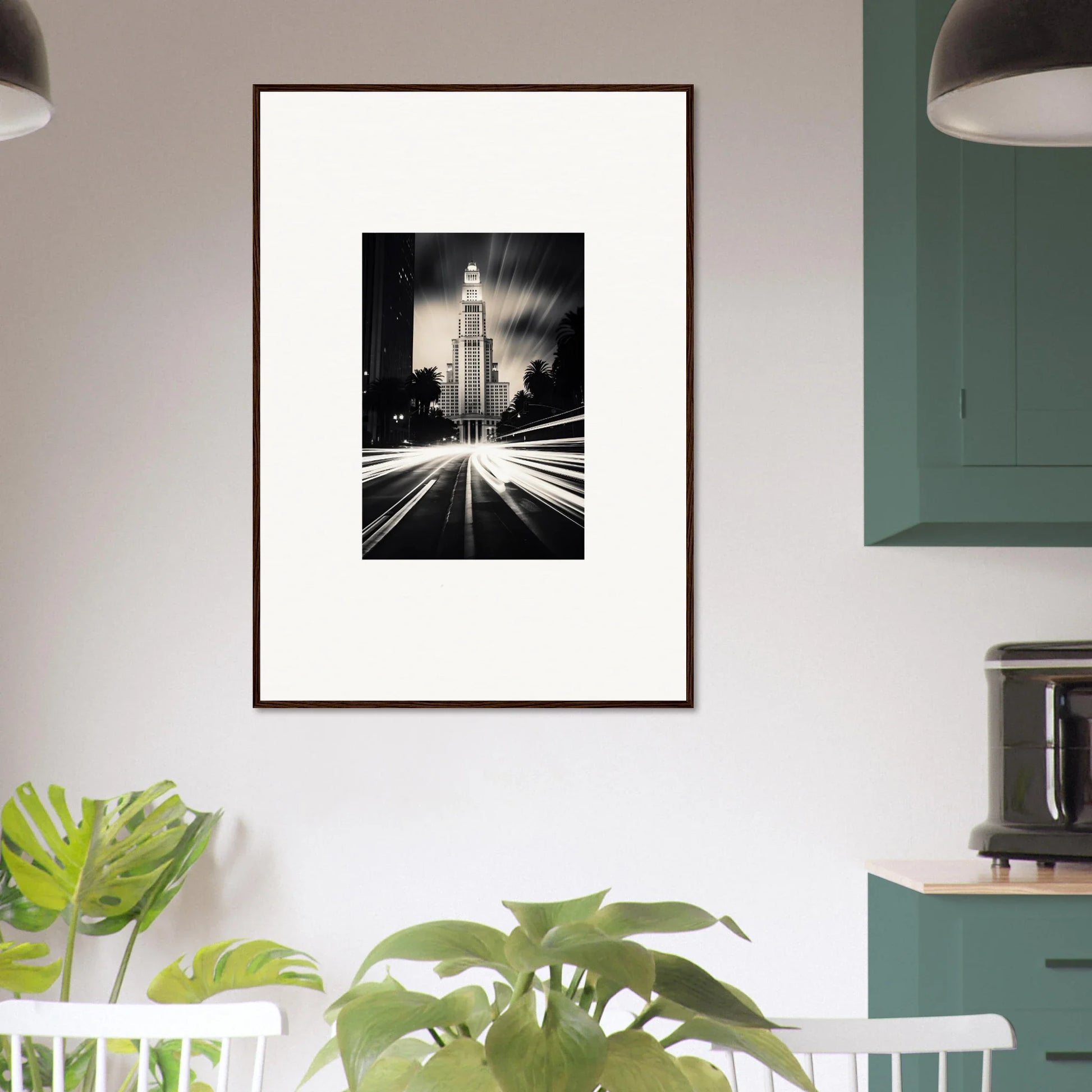 Framed black and white photo of a city tower with light trails, Luminescent Metropolis Beacon