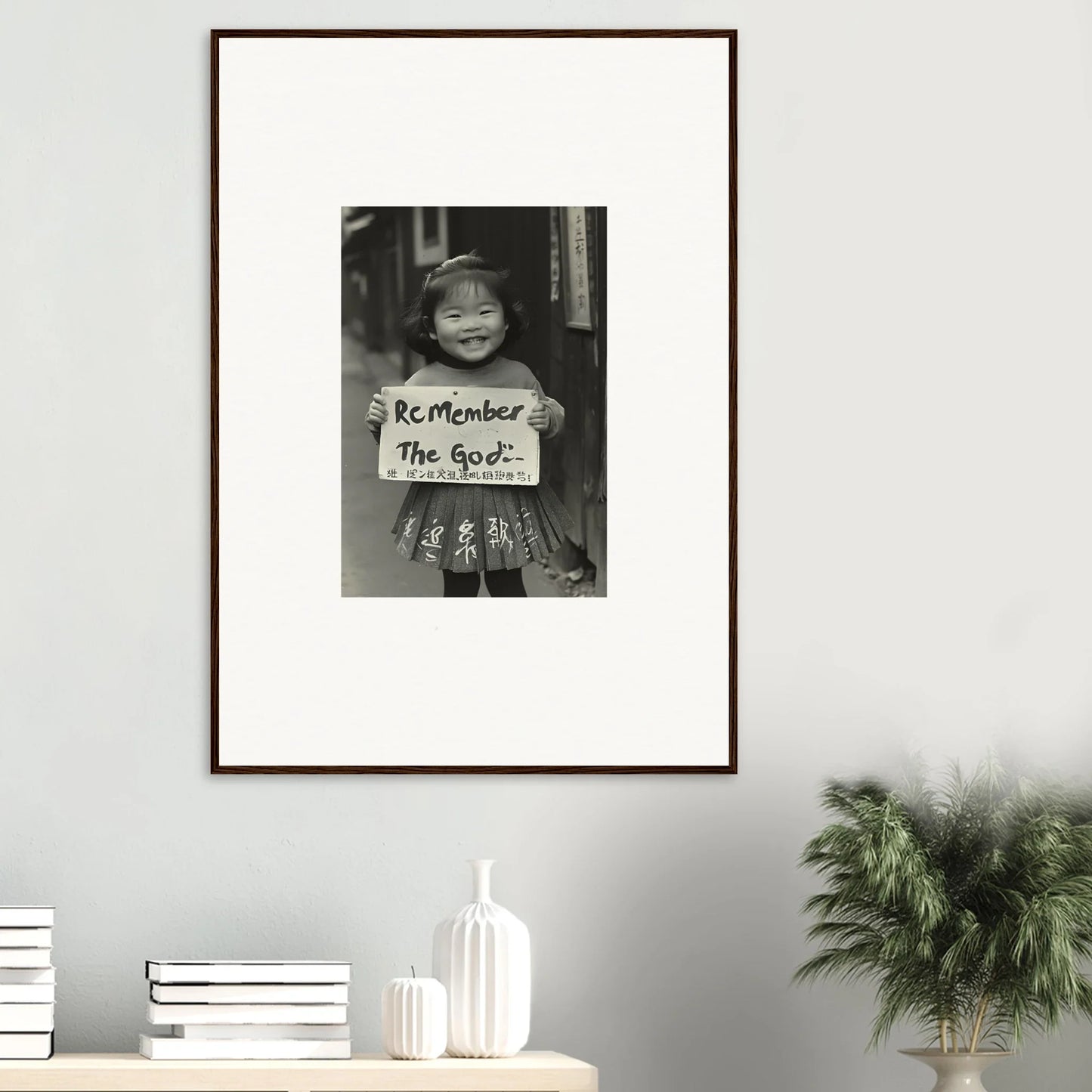 Framed black and white art featuring a handwritten sign from Sacred Smile Echoes