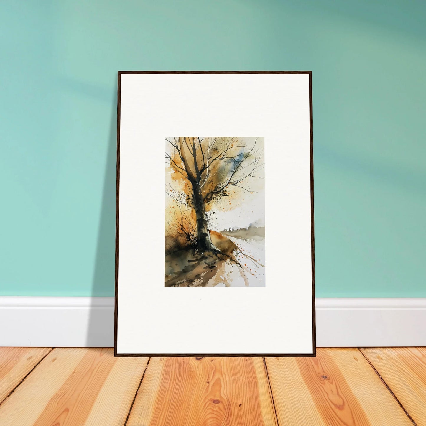 Framed watercolor painting of a bare tree, perfect for room decoration or wall art