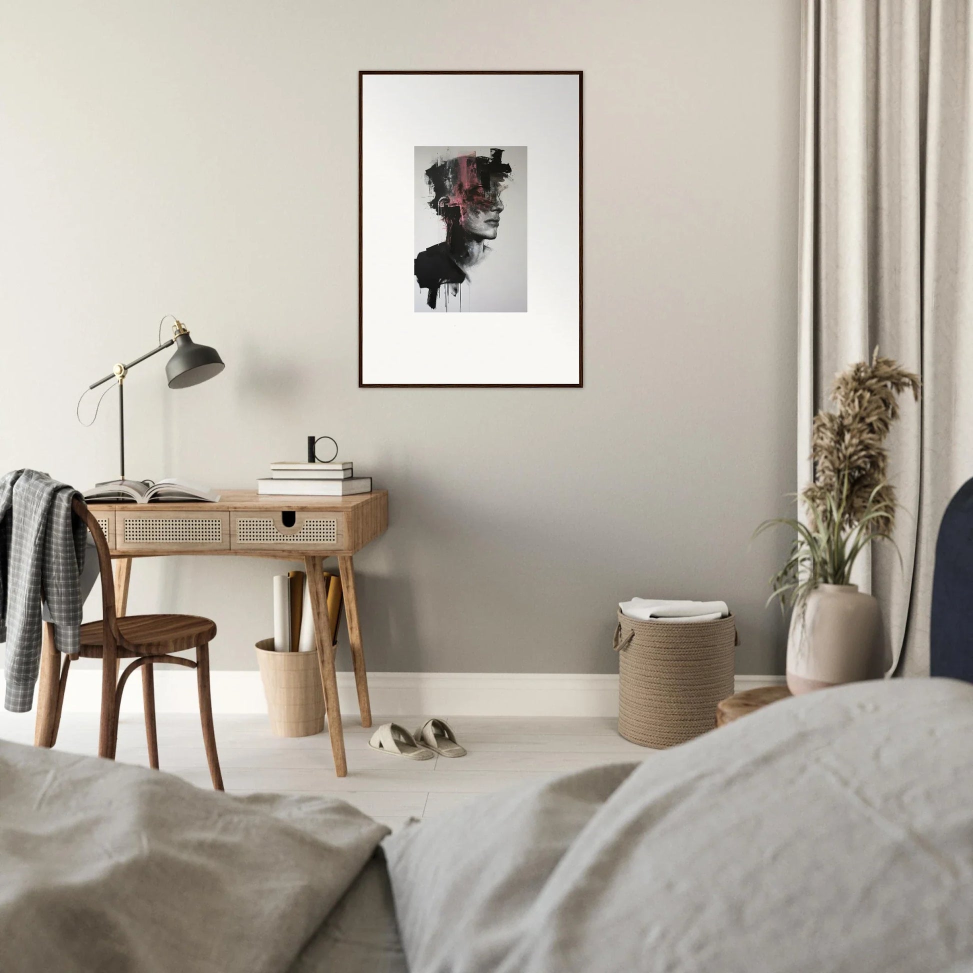 Minimalist bedroom workspace with wooden desk and task lamp, featuring Fragmented Psyche Canvas