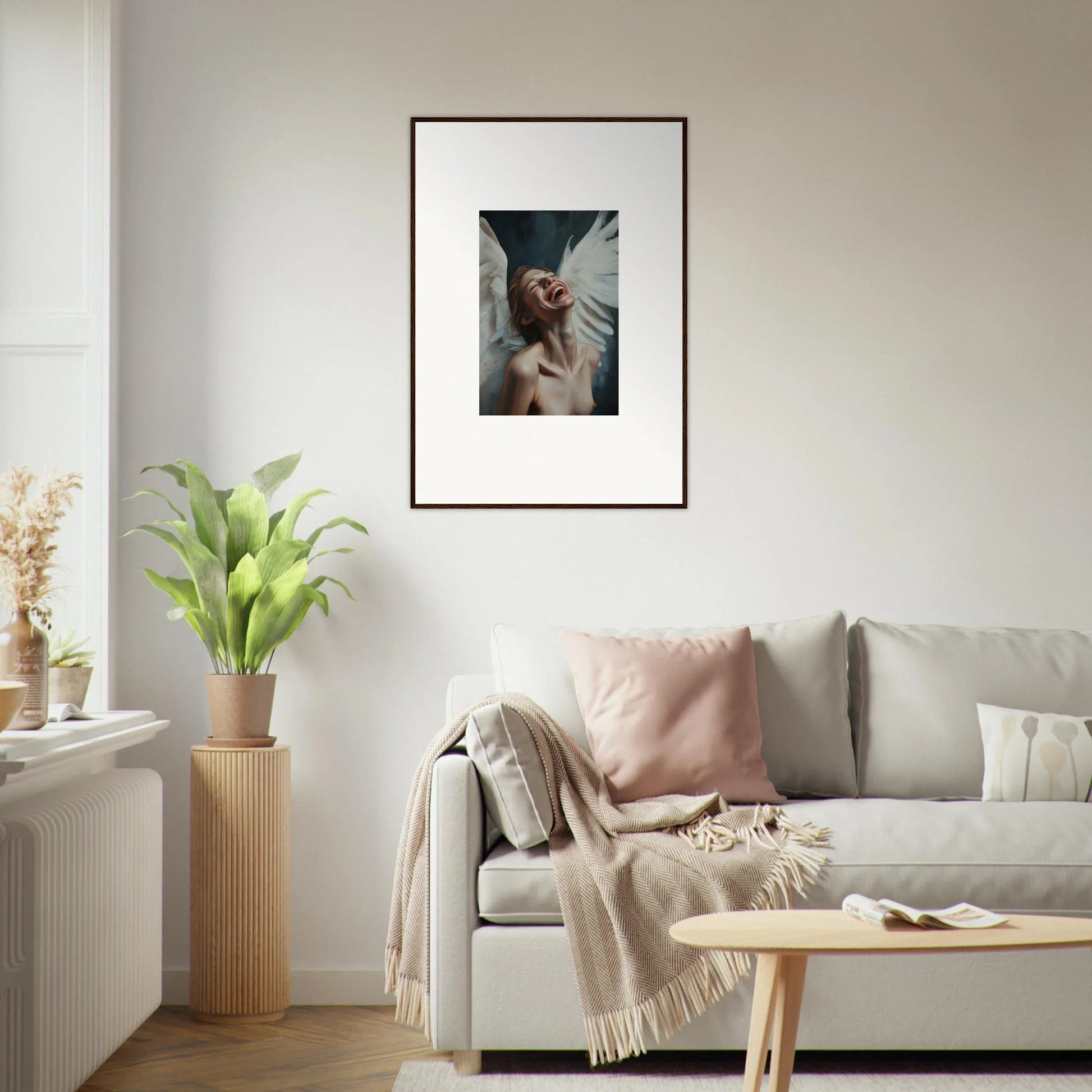 Framed black and white wall art of a person with wings for cool room decoration