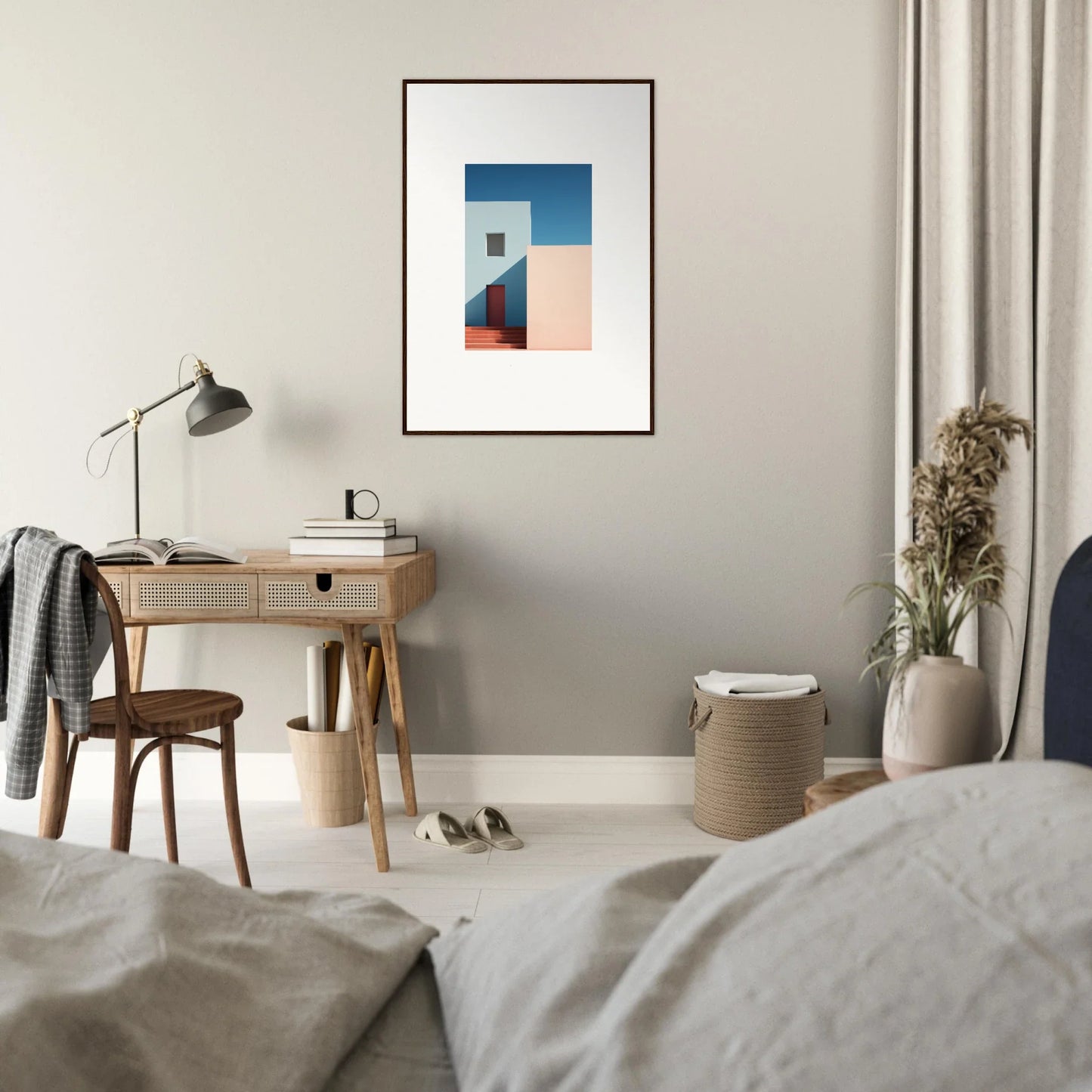 Minimalist framed artwork Tangents of Porcelain in geometric blue and peach tones