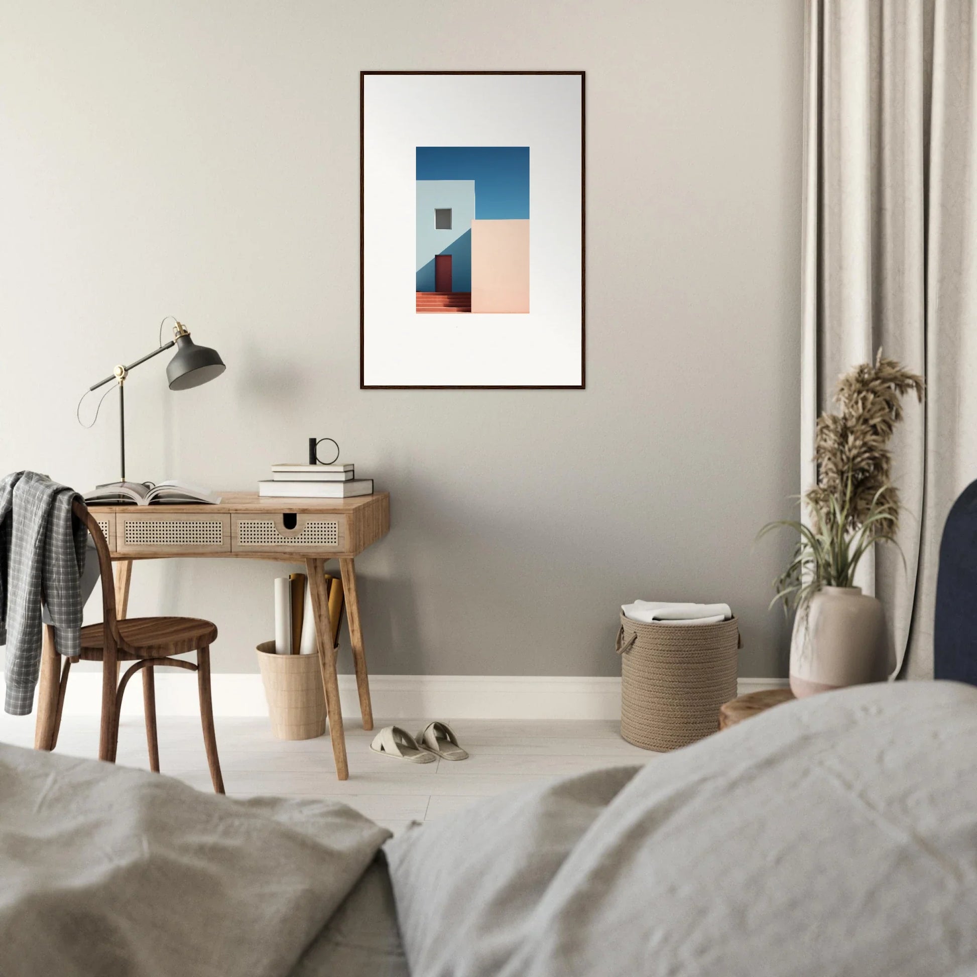Minimalist framed artwork Tangents of Porcelain in geometric blue and peach tones