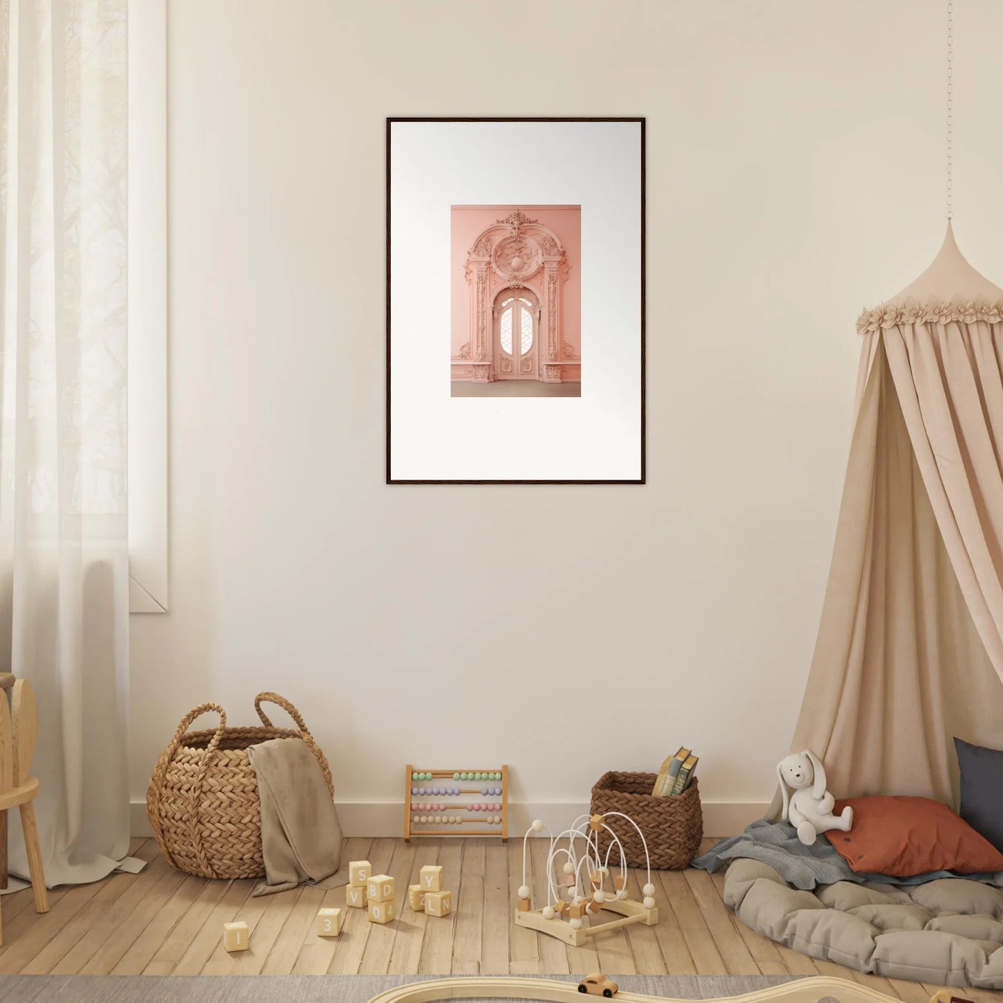 Framed wall art of an architectural doorway in pink tones from Ether Pendantia Portal