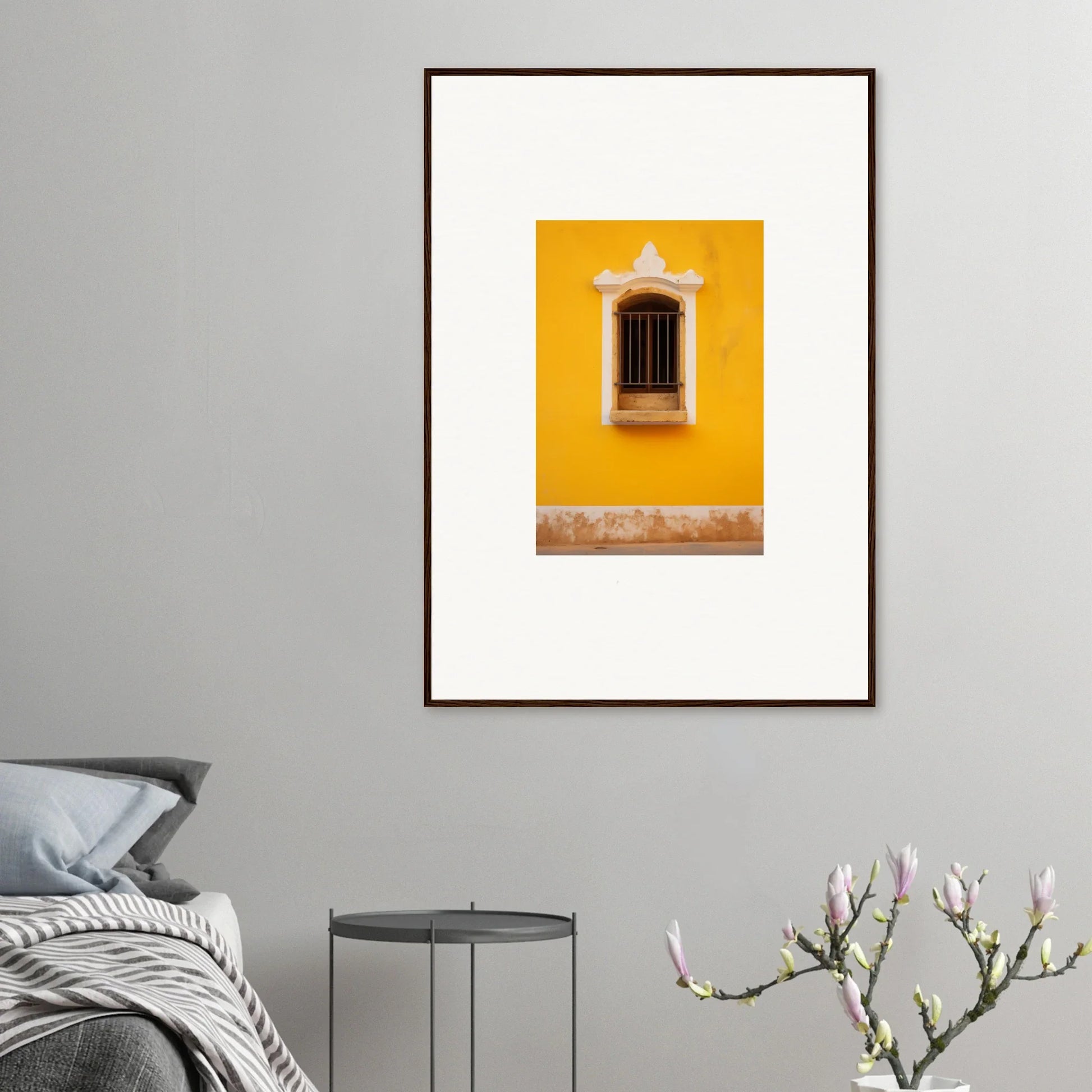 Framed art print of a yellow wall with a decorative window from Daisy Dreamgate Portal