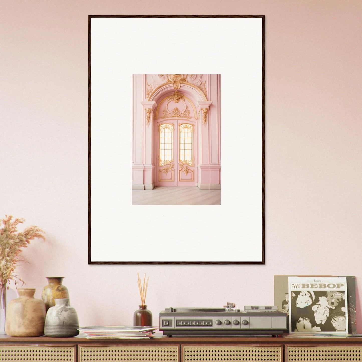 Framed wall art of an ornate pink palace doorway from Ethereal Rose Haven special edition