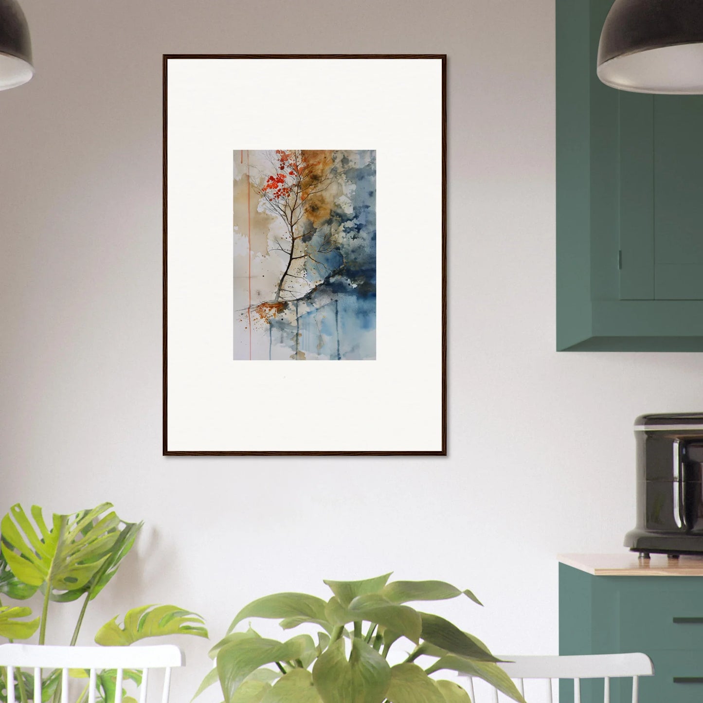 Framed watercolor wall art of a tree branch with autumn leaves for room decoration