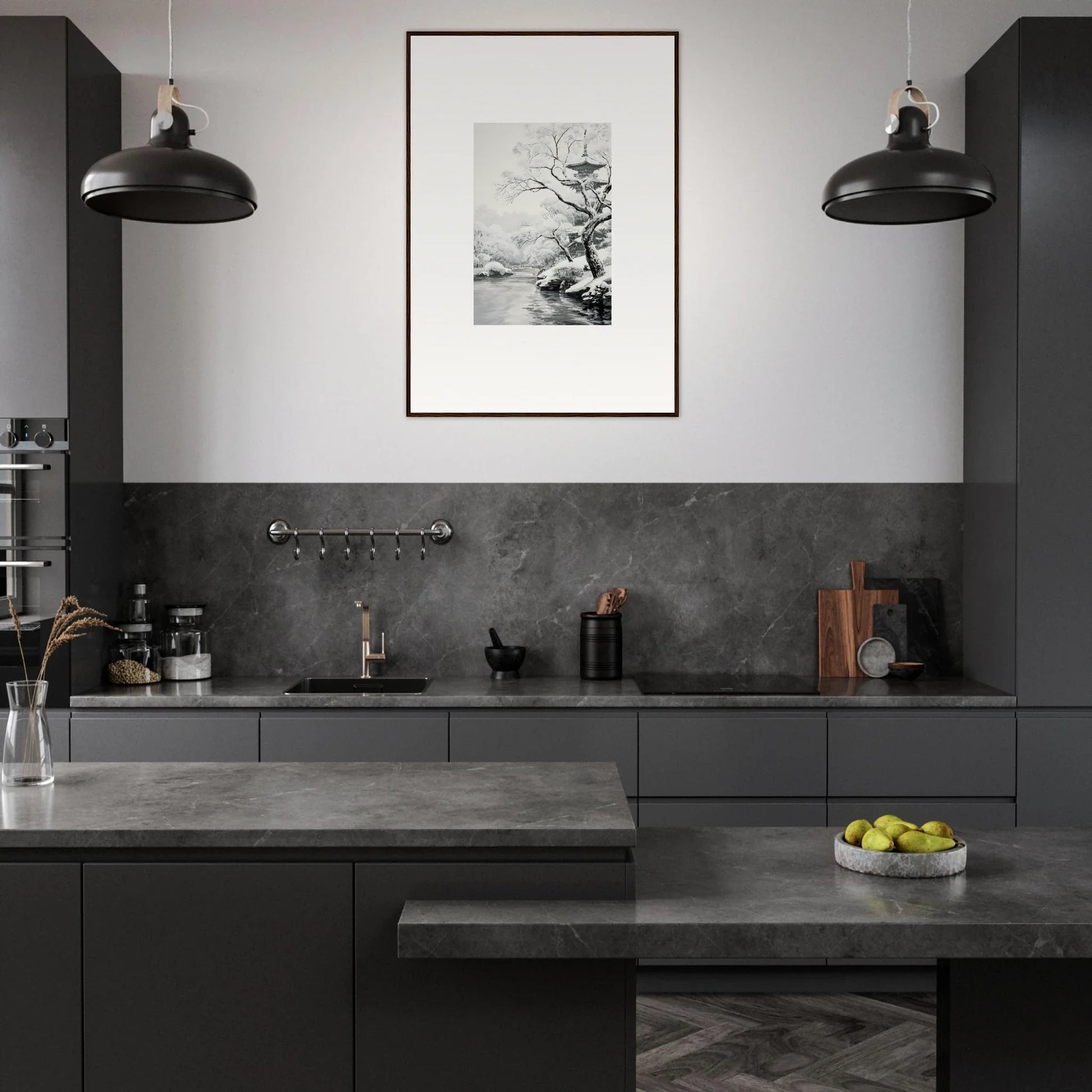 Modern dark gray kitchen featuring black pendant lights and minimalist artwork for Metaphysical Winter Reverie