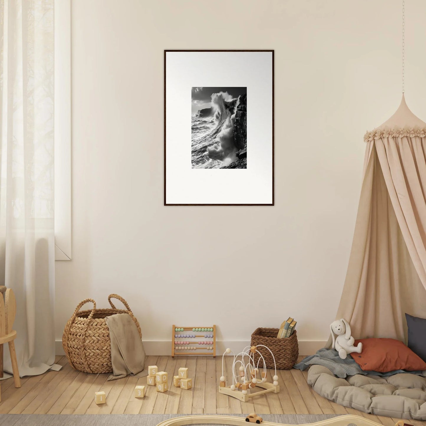 Framed black and white photograph on a beige wall, perfect for Tidal Curved Reality