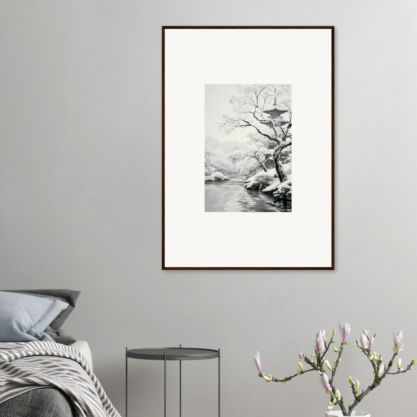 Framed black and white tree artwork in Asian ink style for Metaphysical Winter Reverie