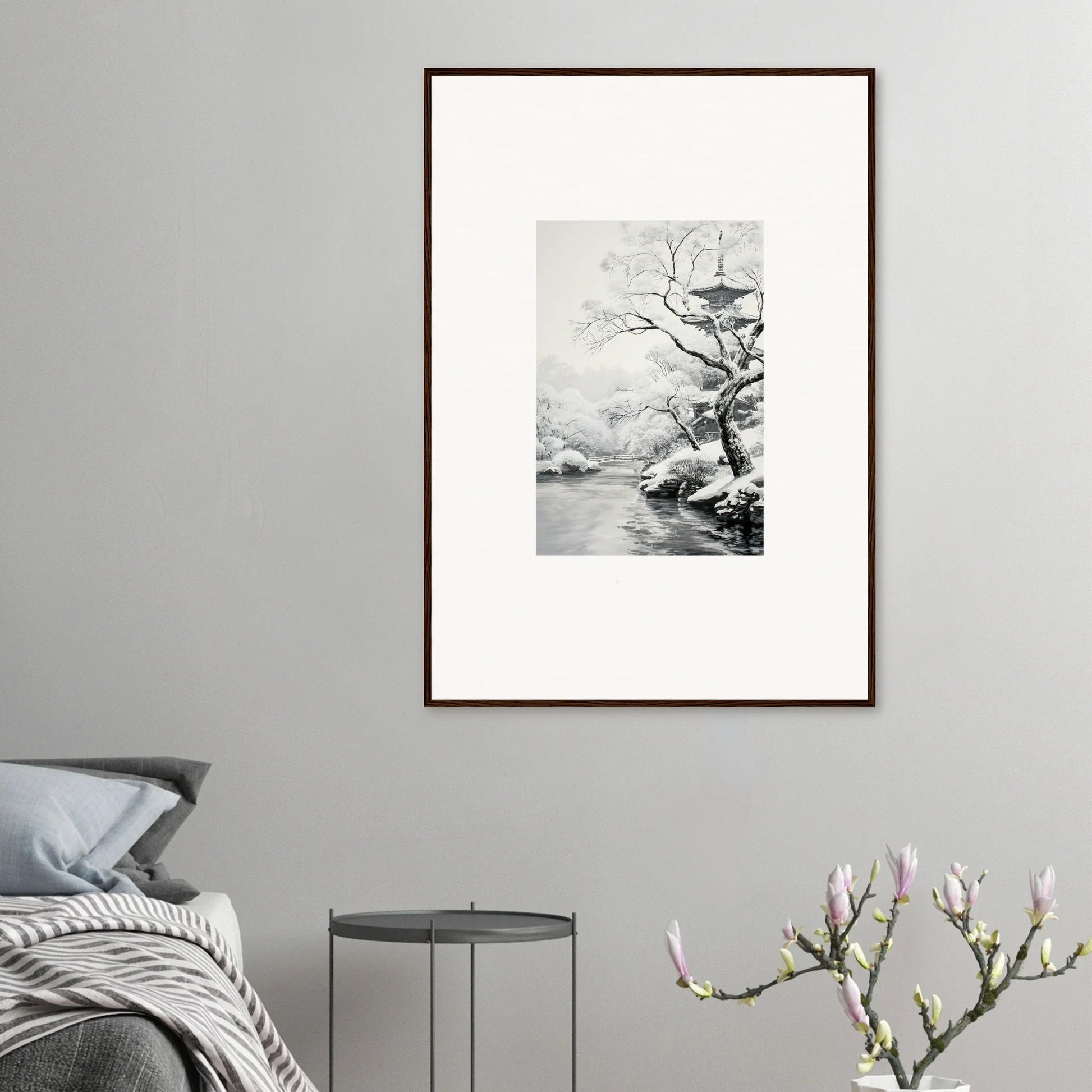 Framed black and white tree artwork in Asian ink style for Metaphysical Winter Reverie