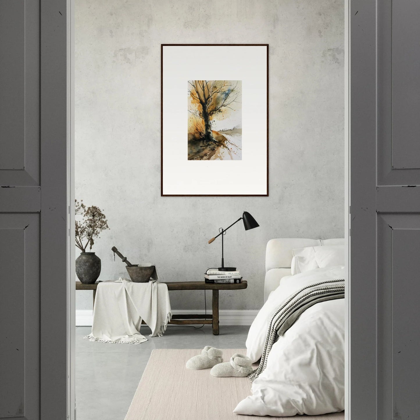 Framed watercolor wall art of an autumn tree for cozy room decoration, Whispered Echoes