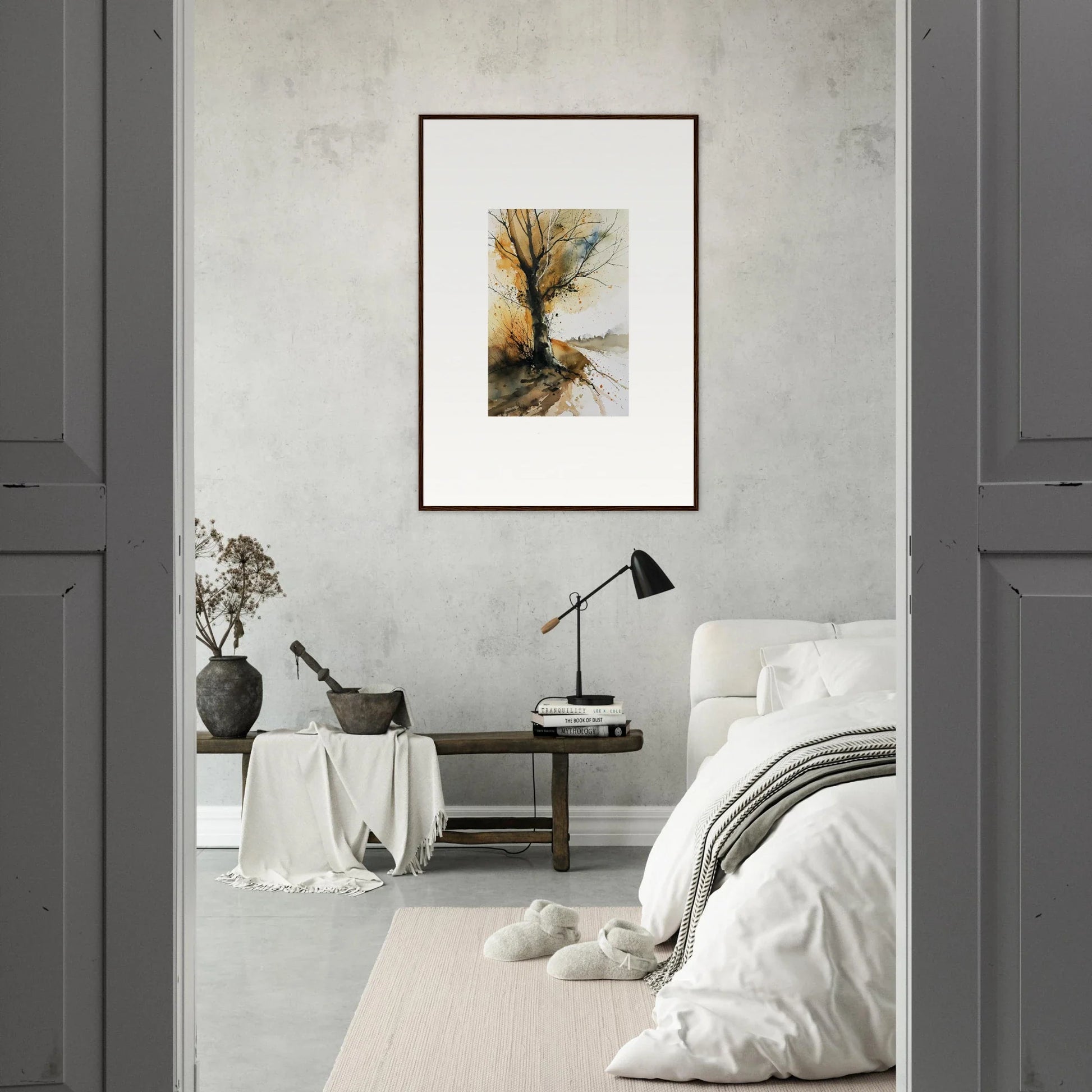 Framed watercolor wall art of an autumn tree for cozy room decoration, Whispered Echoes