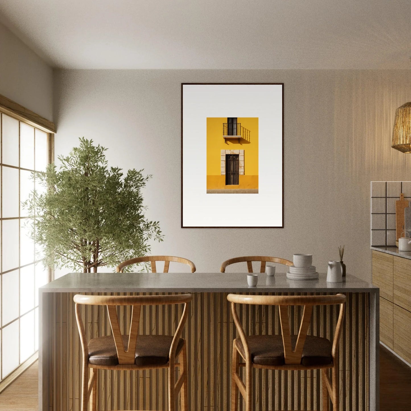 Modern dining setup with wooden chairs and an olive tree, perfect for Sun Custard Symphonies