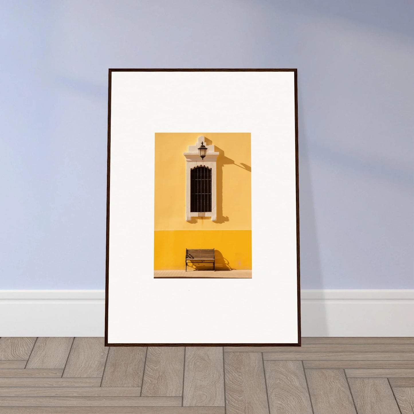 Framed photograph showcasing a yellow wall, window, and bench in Six-light Cult Optionsky