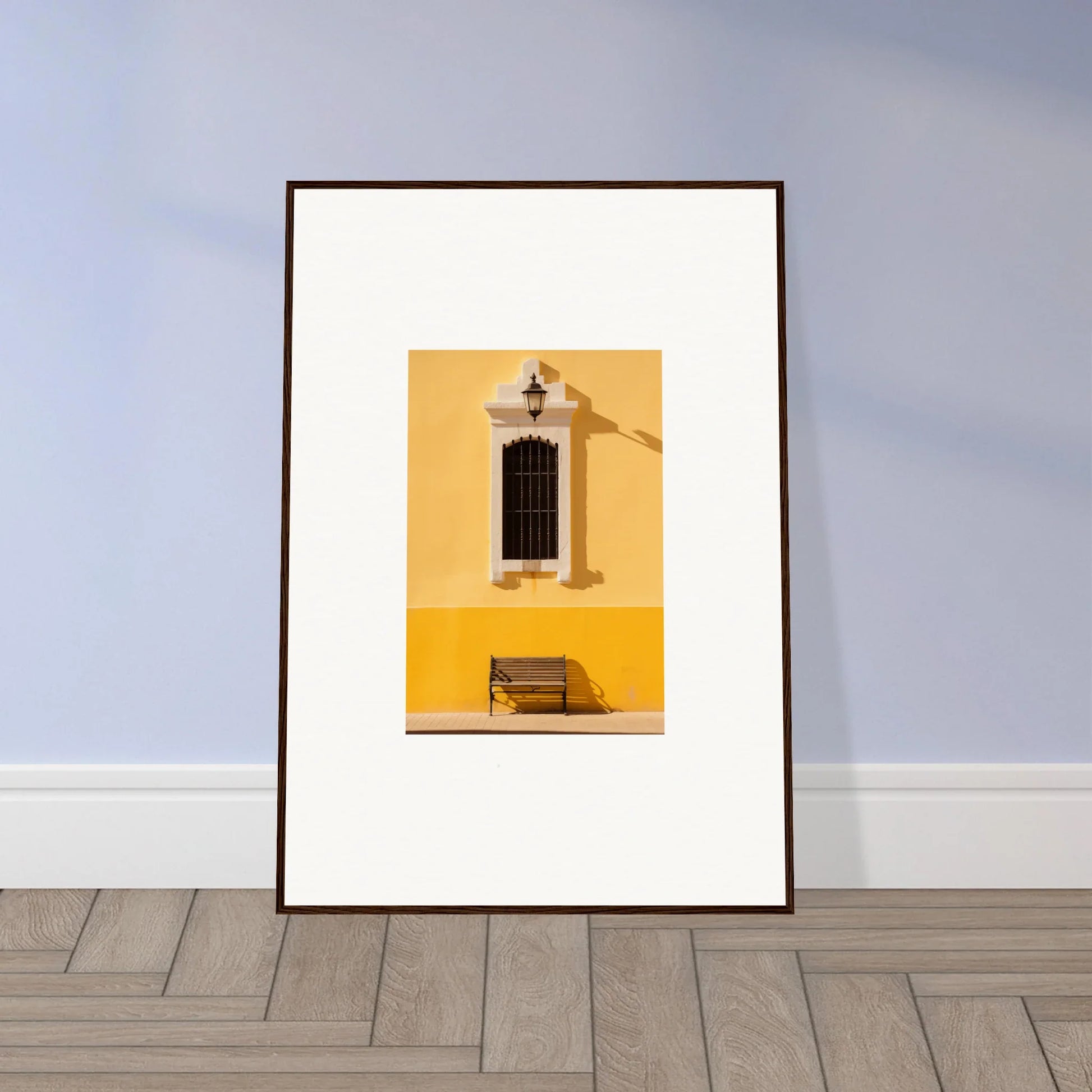 Framed photograph showcasing a yellow wall, window, and bench in Six-light Cult Optionsky
