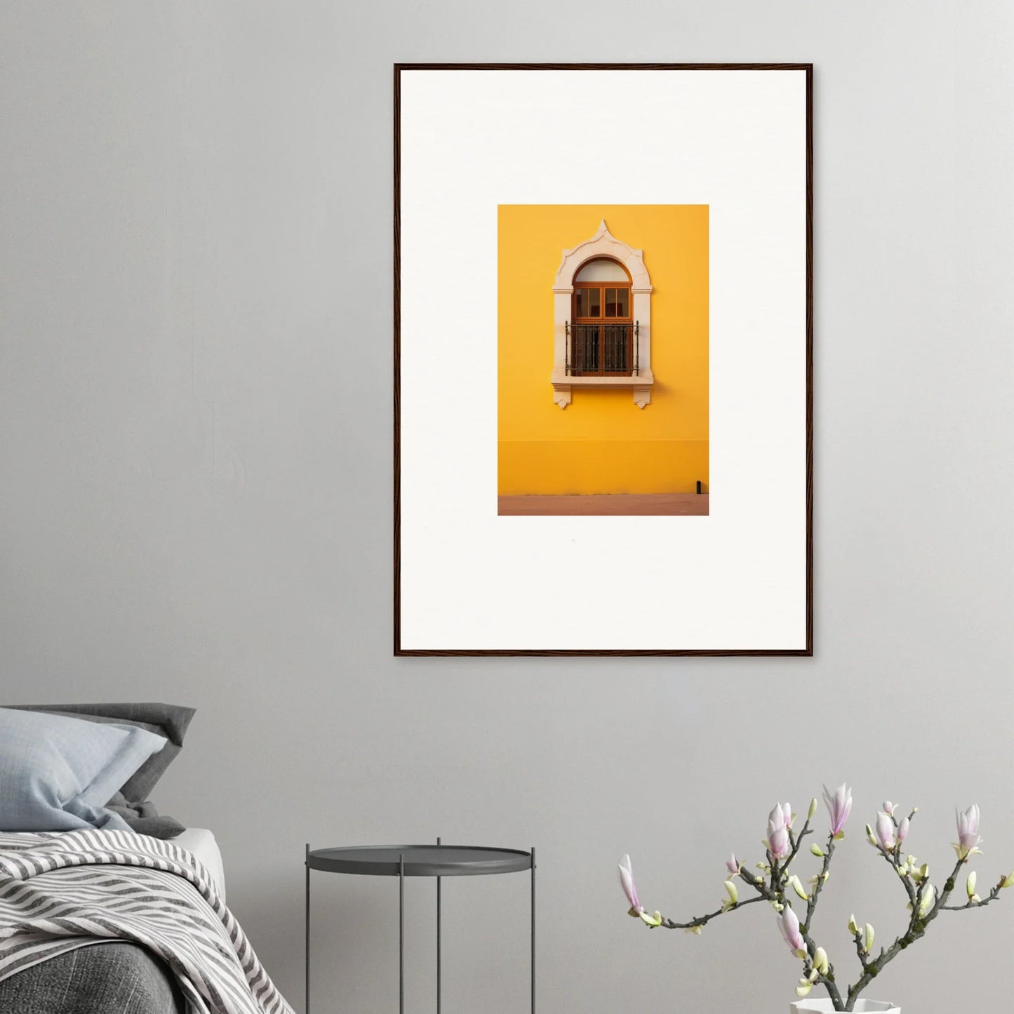 Framed art print of an arched window on a yellow wall from Golden Portal Reverie