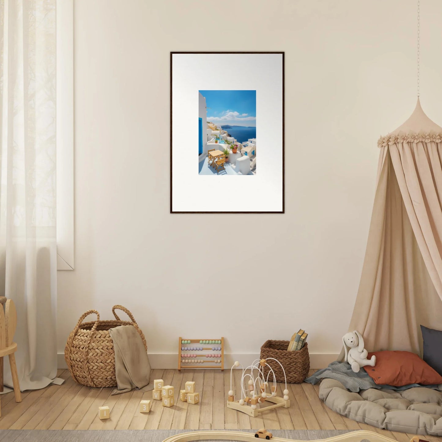 Framed poster of Santorini’s stunning white buildings in the Dream-Touched Odyssey art collection