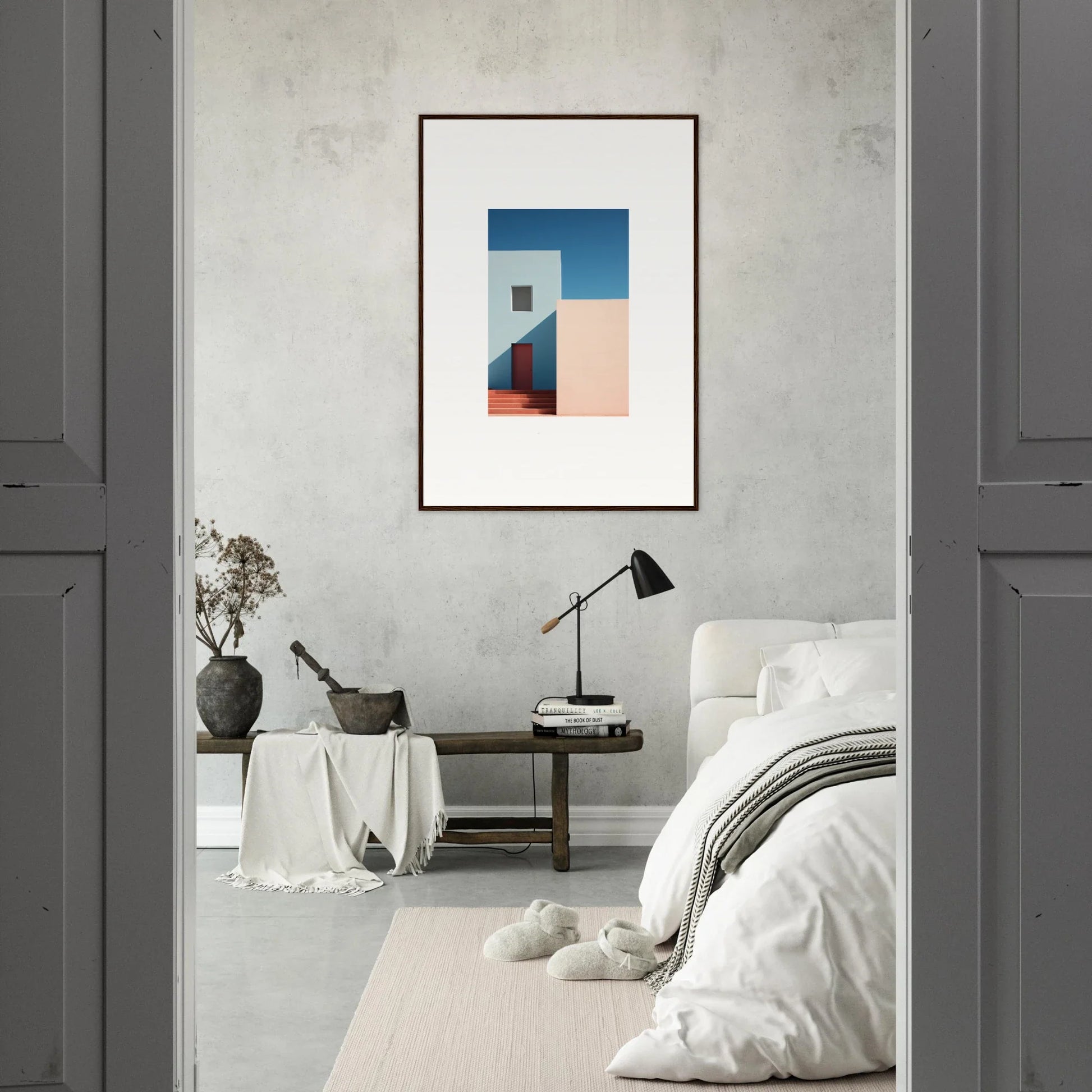 Framed minimalist artwork Tangents of Porcelain with blue and peach geometric shapes