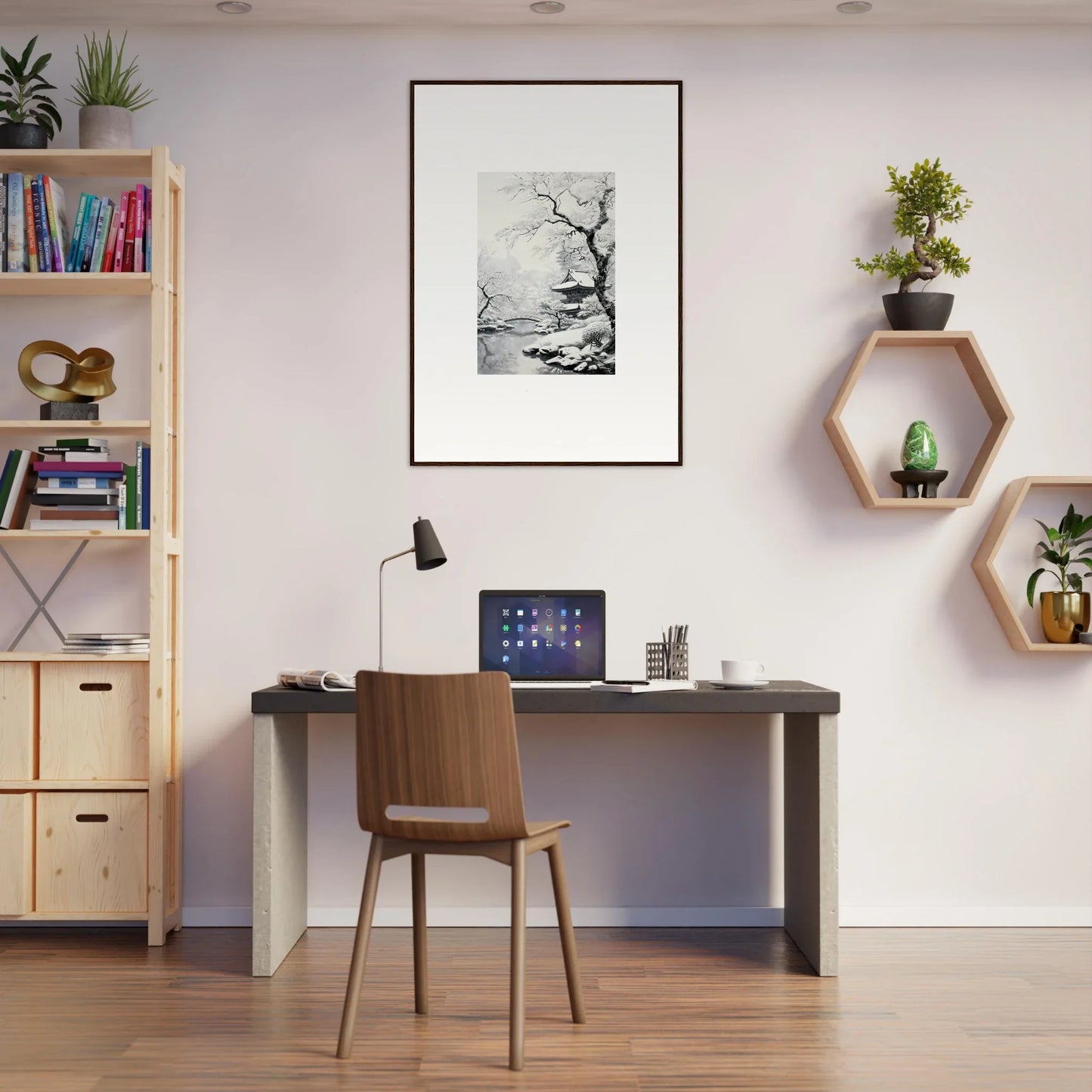 Simple desk workspace with a wooden chair and tablet featuring Winter Embrace Whisper design