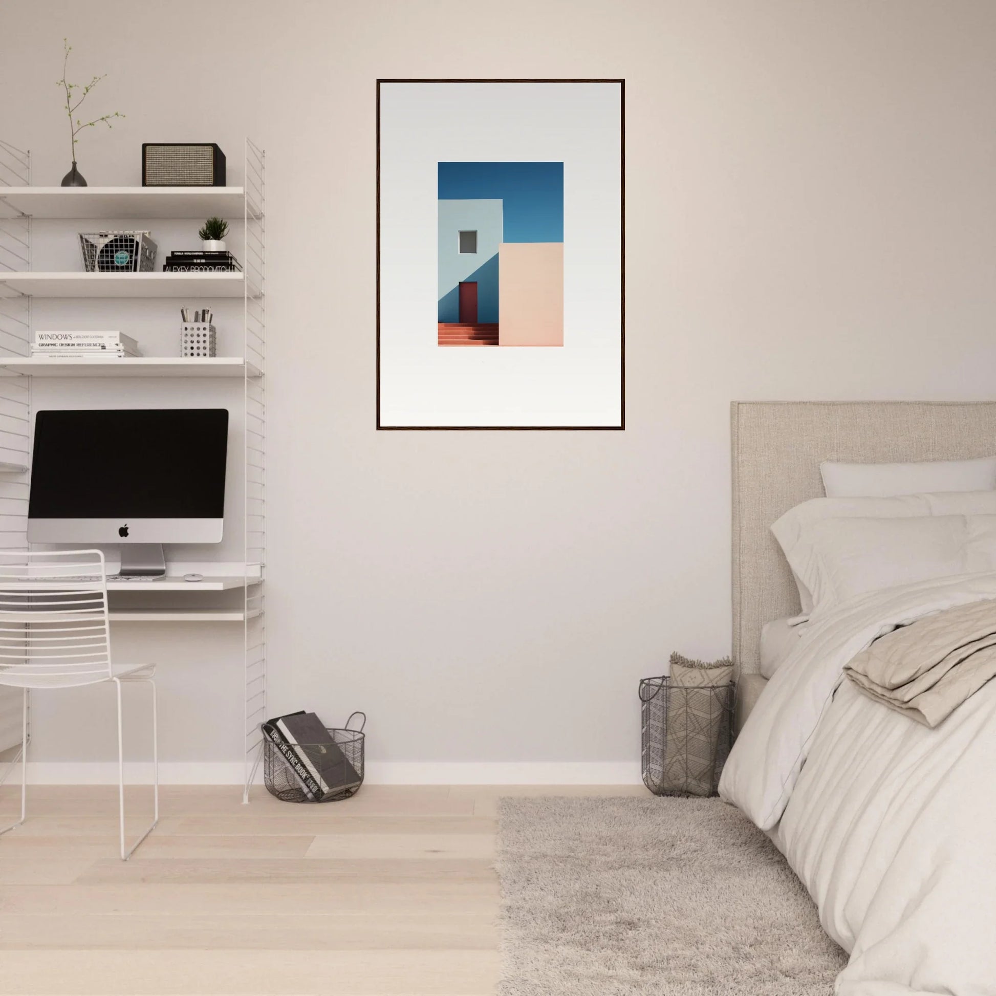 Minimalist geometric art print in blue, red, and beige for premium framed wall decor