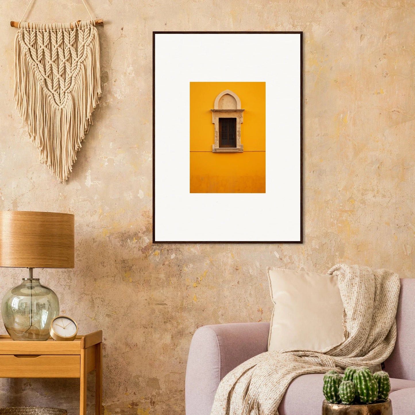 Framed wall art of a yellow wall with an arched window in the Golden Correspondence Portal