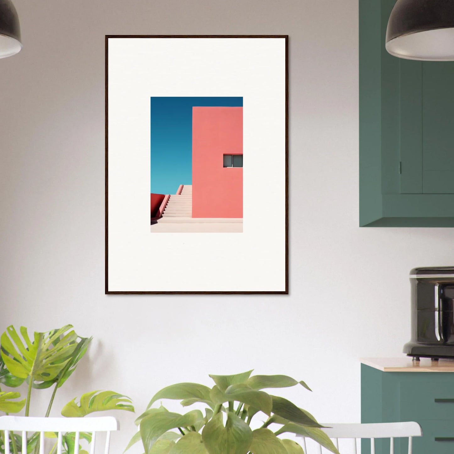Framed wall art of minimalist architecture with pink walls in Cerulean Dream Ickles