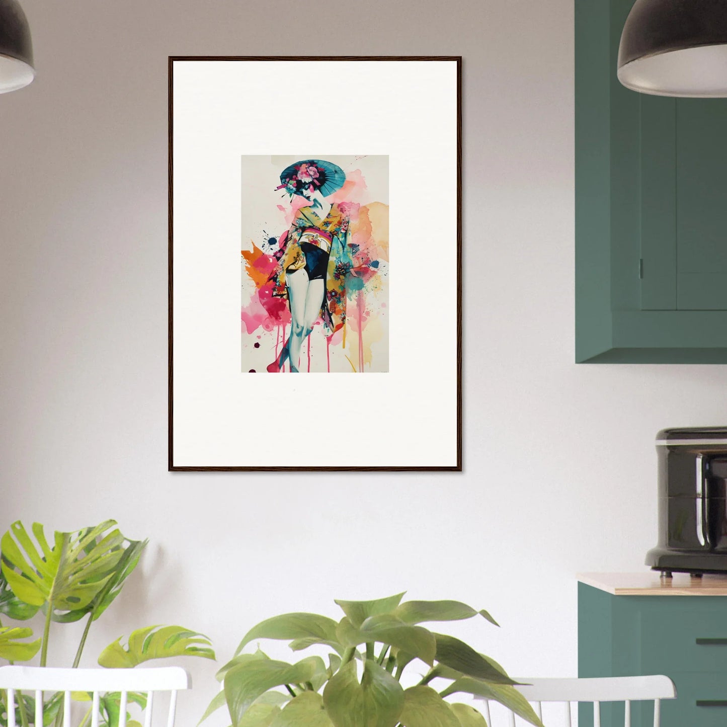 Framed abstract watercolor wall art of a stylized figure for trendy room decoration