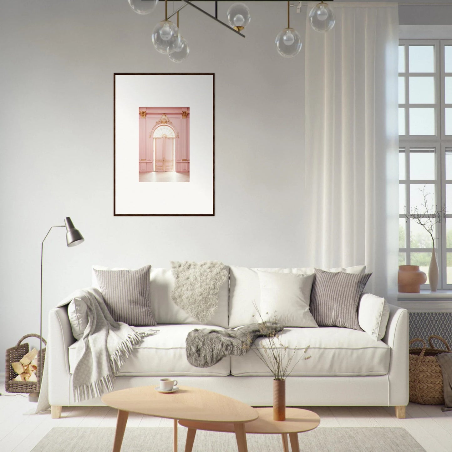 Cozy White Upholstered Sofa with Gray and White Pillows in Luminous Dreams Portal Setting