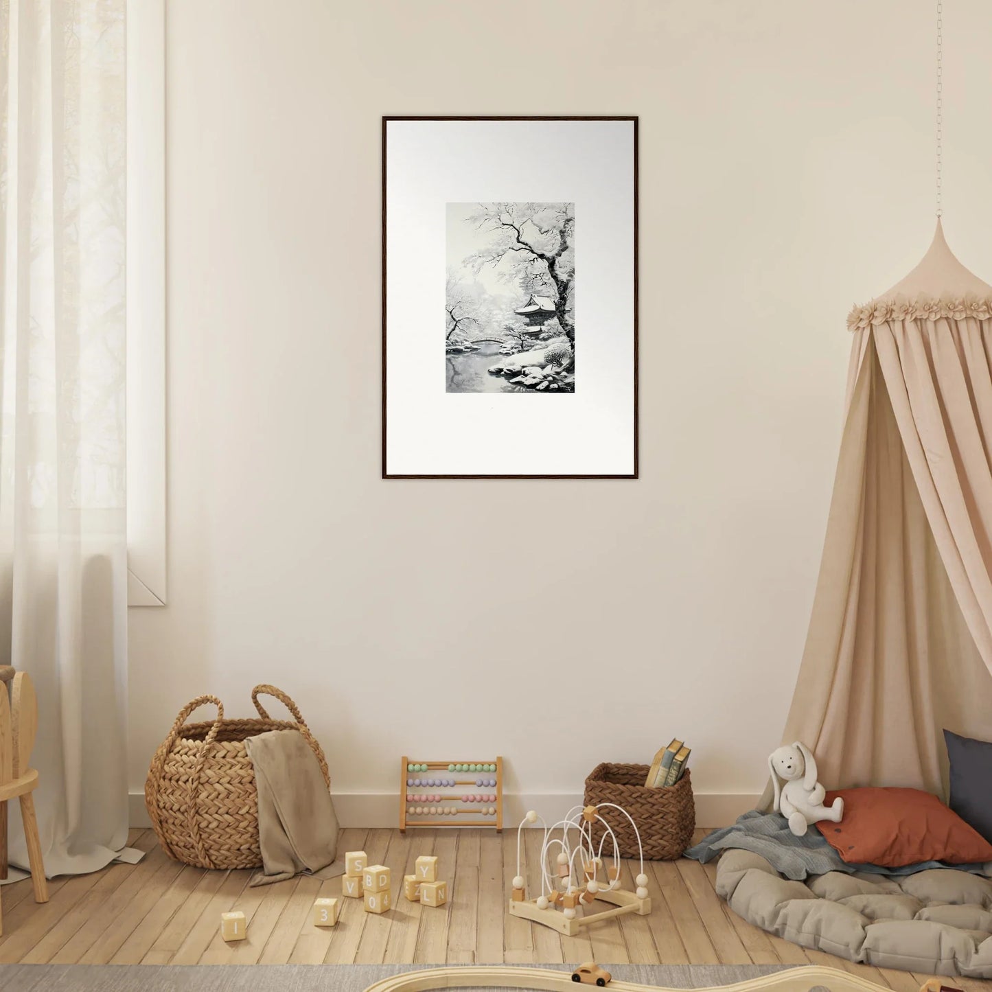 Framed black and white artwork of a bare tree in a misty landscape, Winter Embrace Whisper