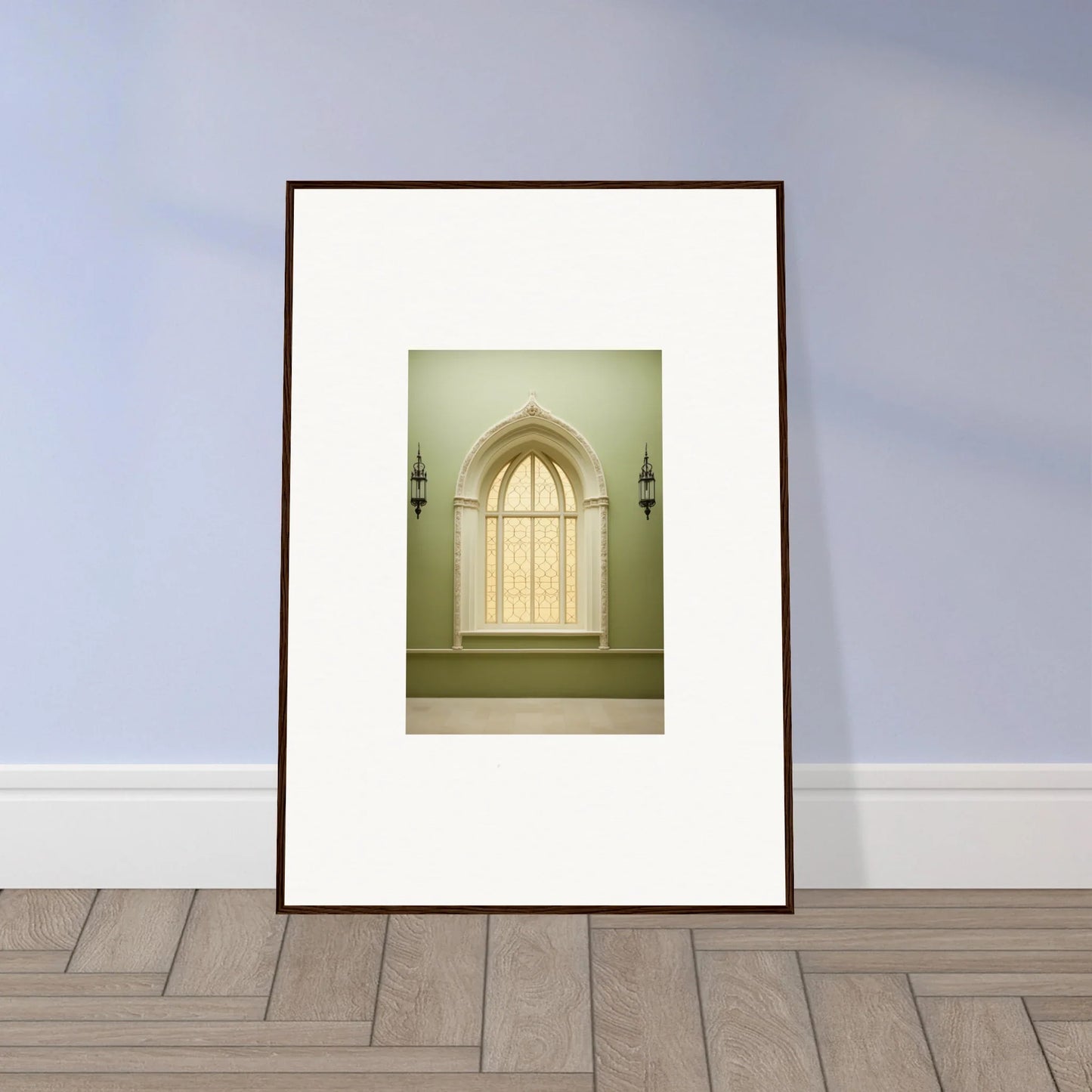 Framed wall art of a Gothic-style arched window in Opalescent Tranquility Dwelling