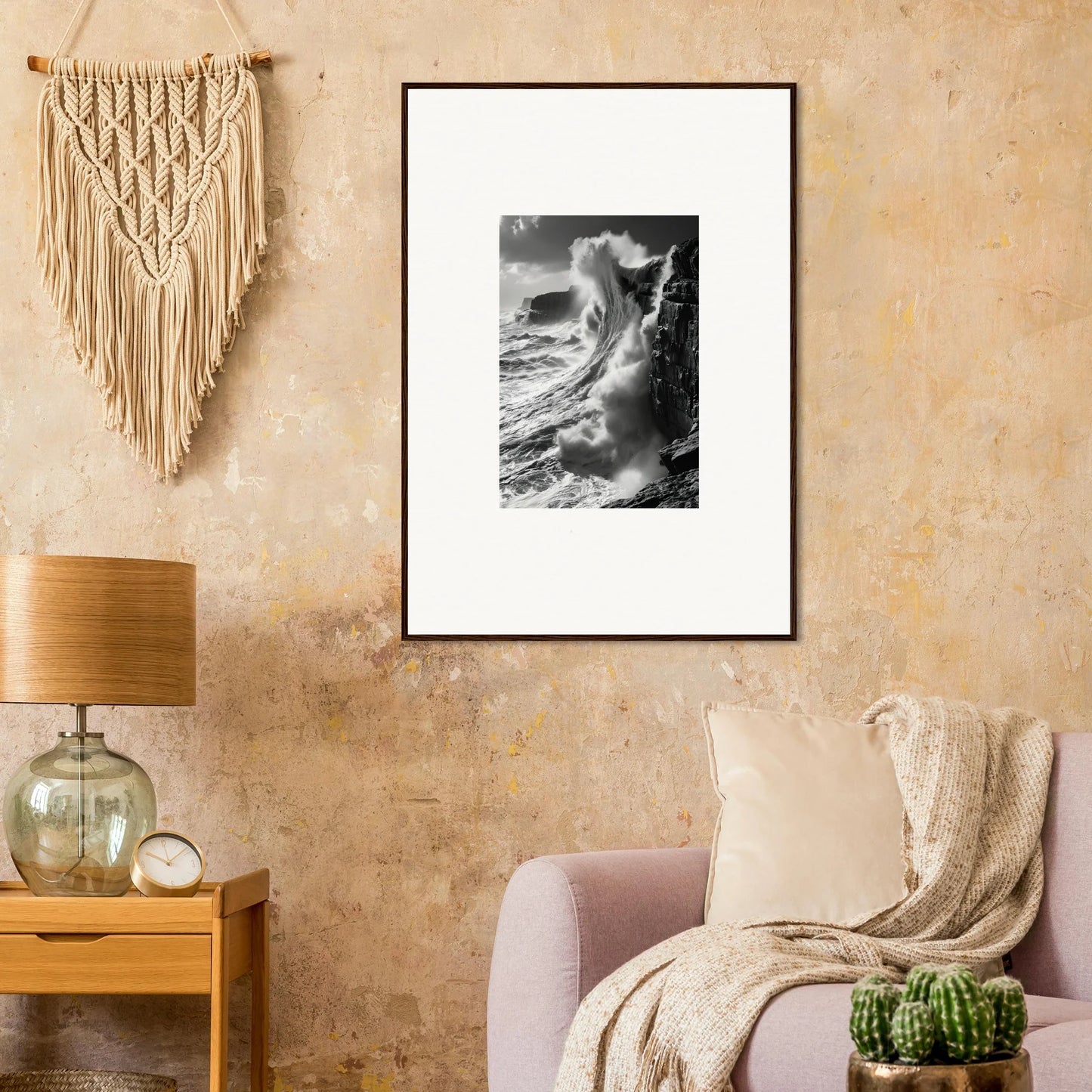 Black and white framed wall art of a crashing wave from Tidal Curved Reality
