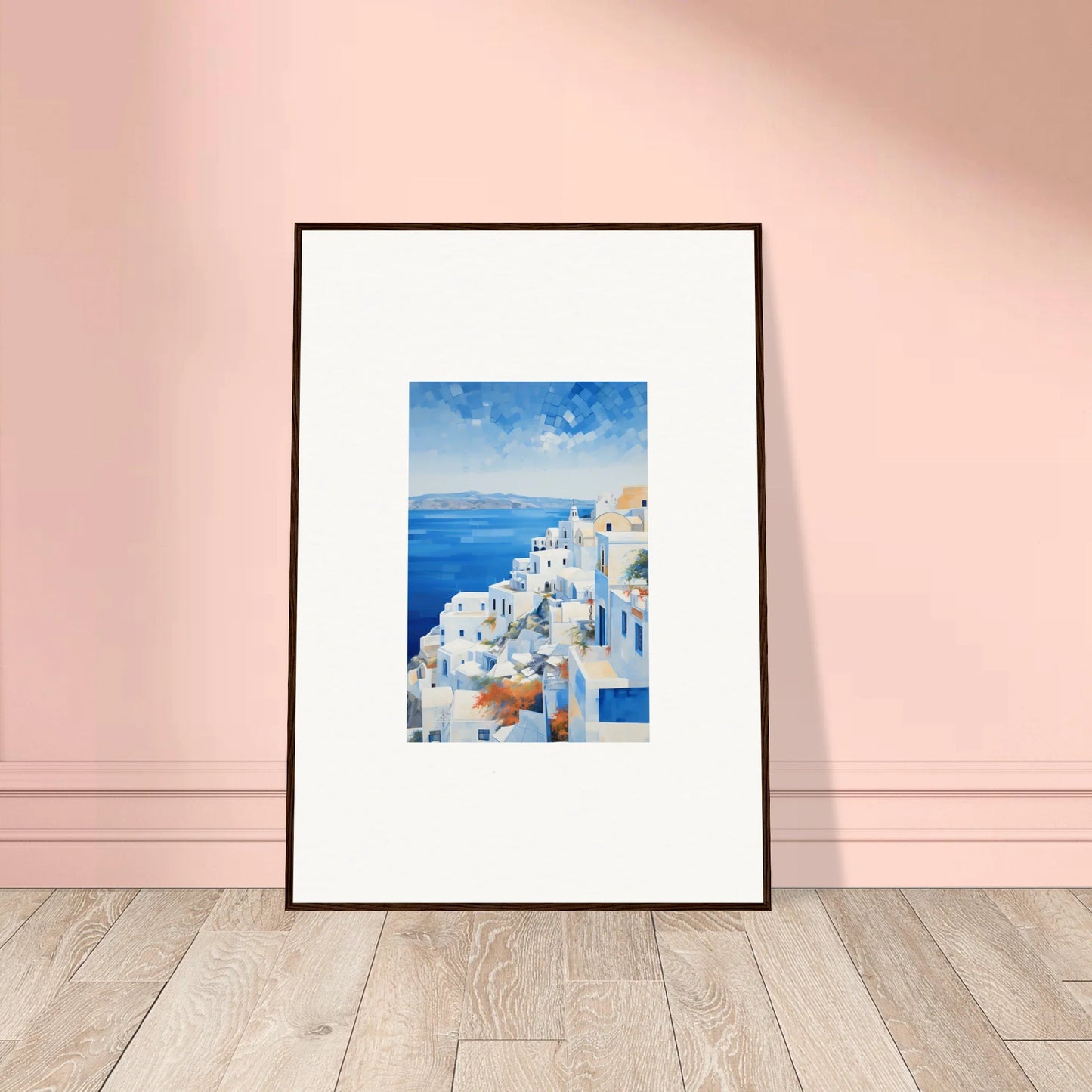 Framed wall art of Ethereal Azure Echoes featuring Santorini’s white buildings and blue domes