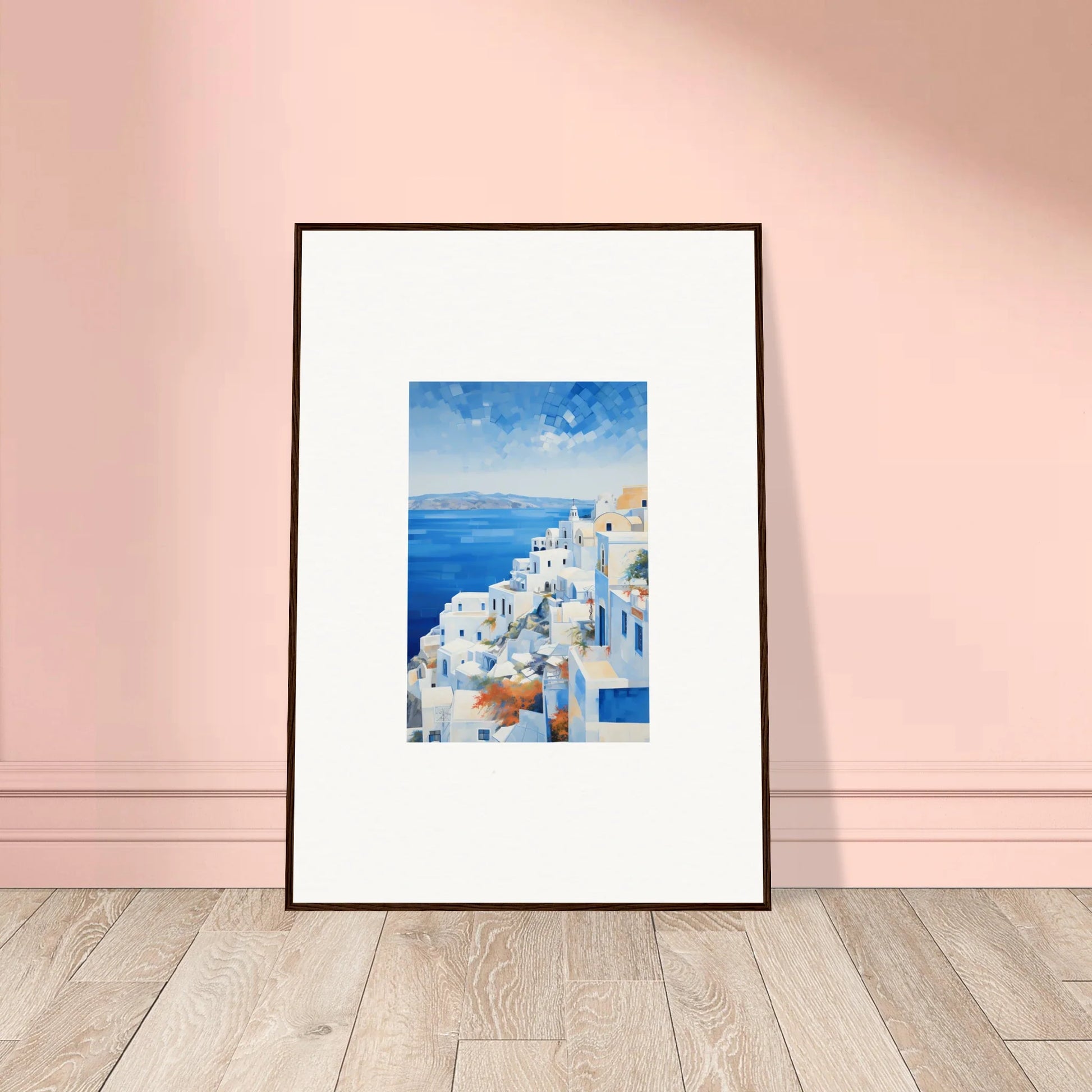 Framed wall art of Ethereal Azure Echoes featuring Santorini’s white buildings and blue domes