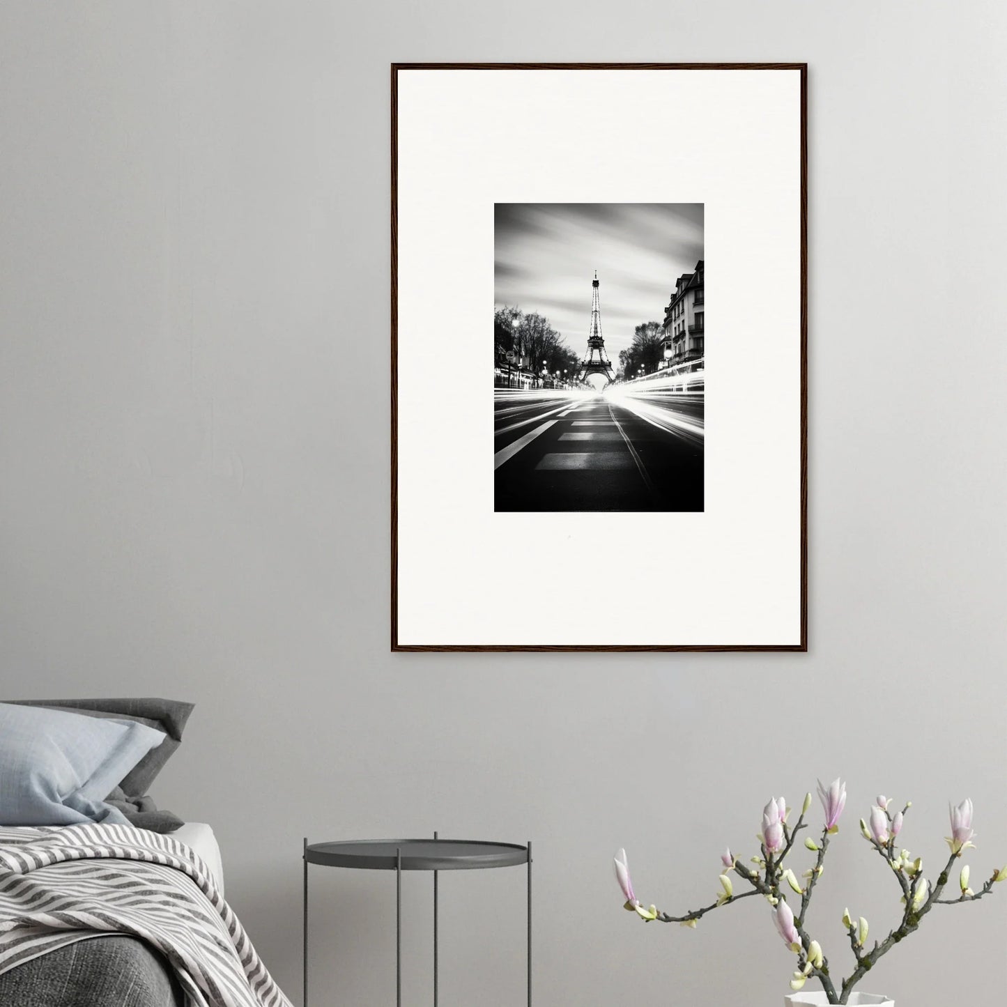 Framed black and white Eiffel Tower photo down a Paris street for Synth Wave Elysium