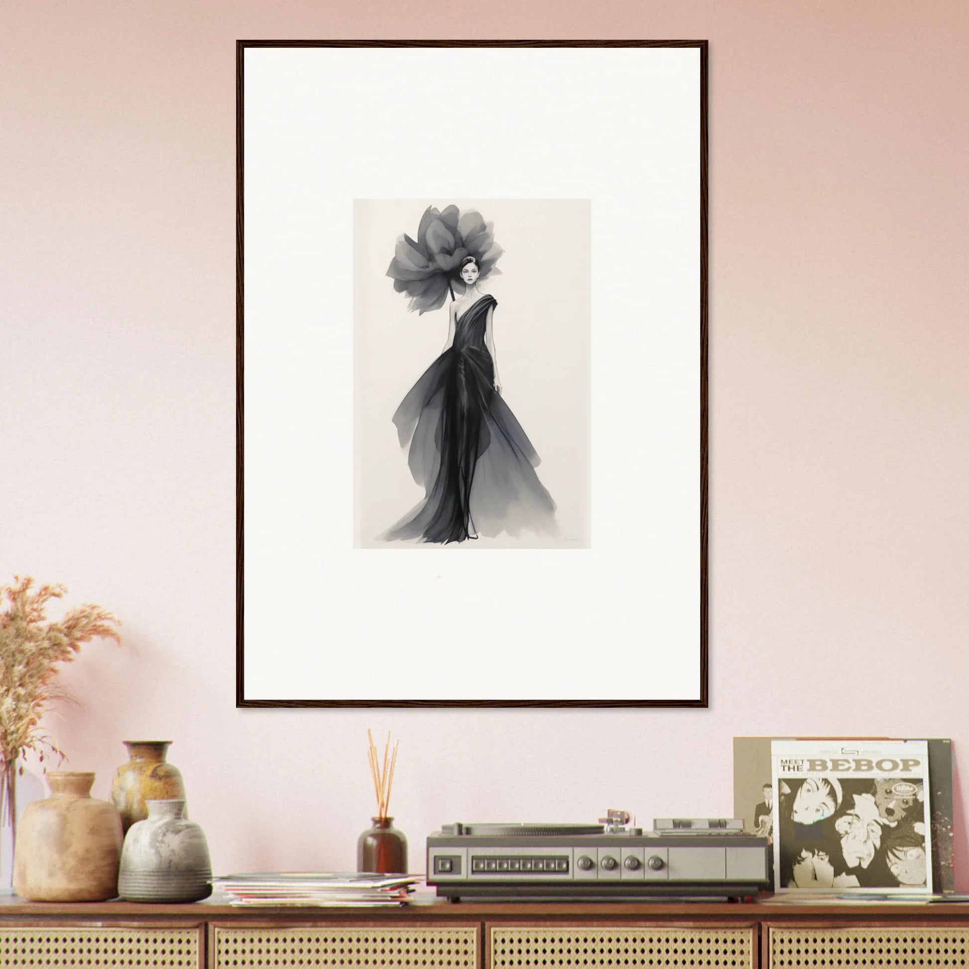 Elegant silhouette art print of flowing dress with floral headpiece from Curtain Bloom Dance