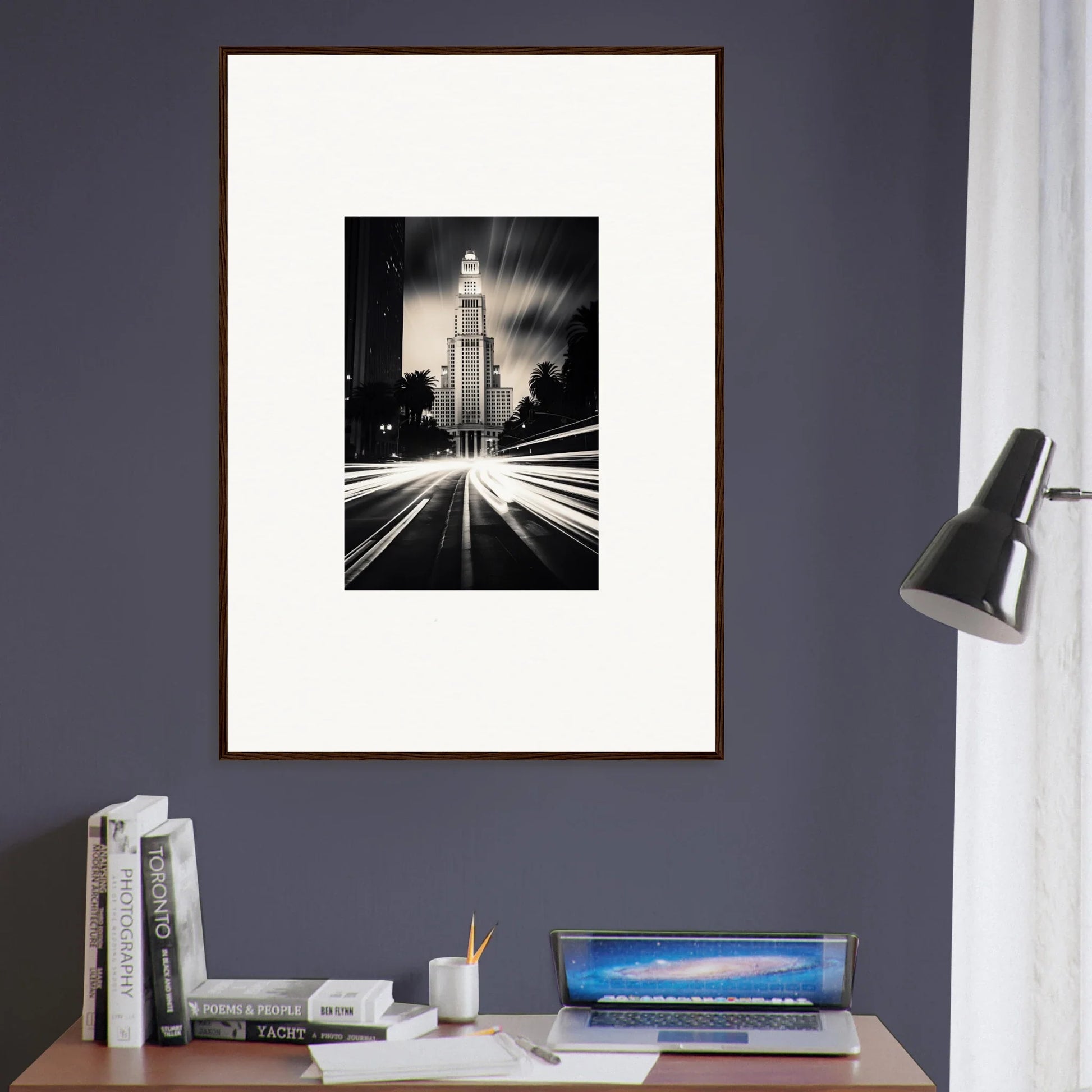 Black and white framed photo of a city tower with light trails for Luminescent Metropolis Beacon