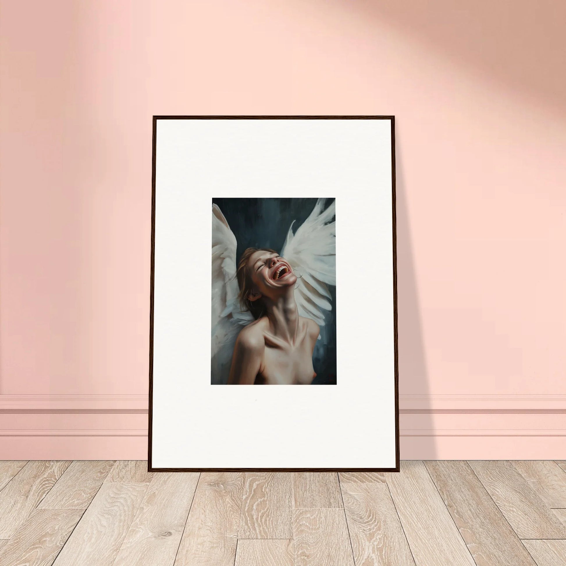 Framed portrait of a person radiating joy in Seraphic Euphoria wall art for room decoration