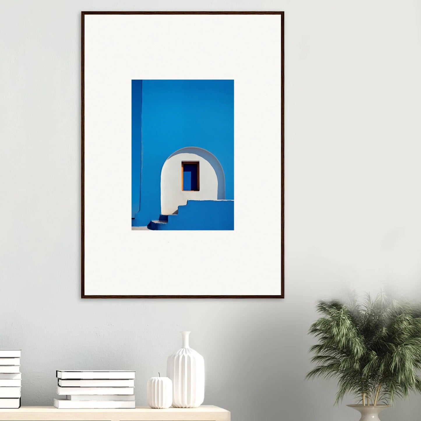 Framed wall art of a white Mediterranean archway in vibrant blue, Doorway of Dreams