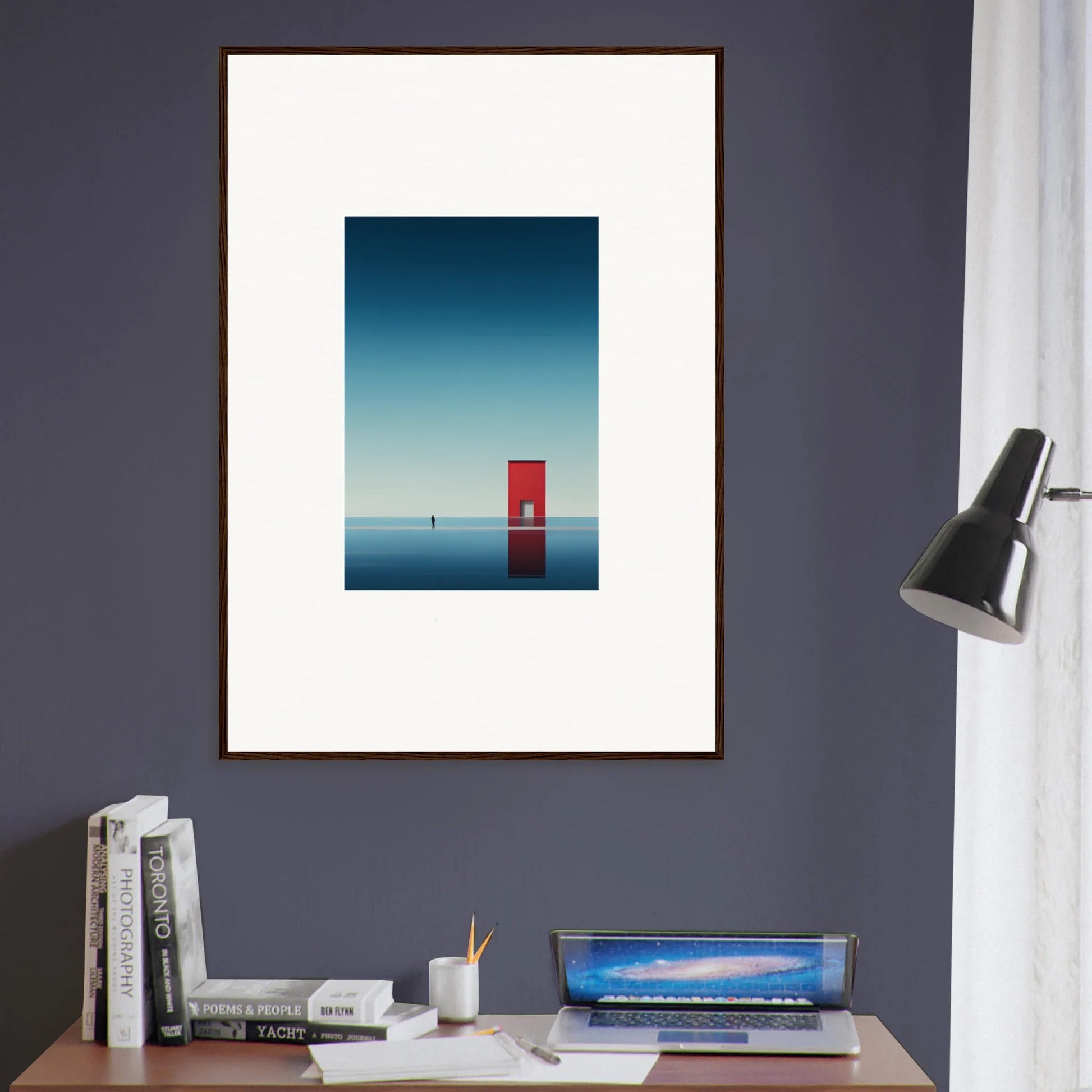 Framed minimalist art of a red door on blue, perfect for Open Horizon special edition art™