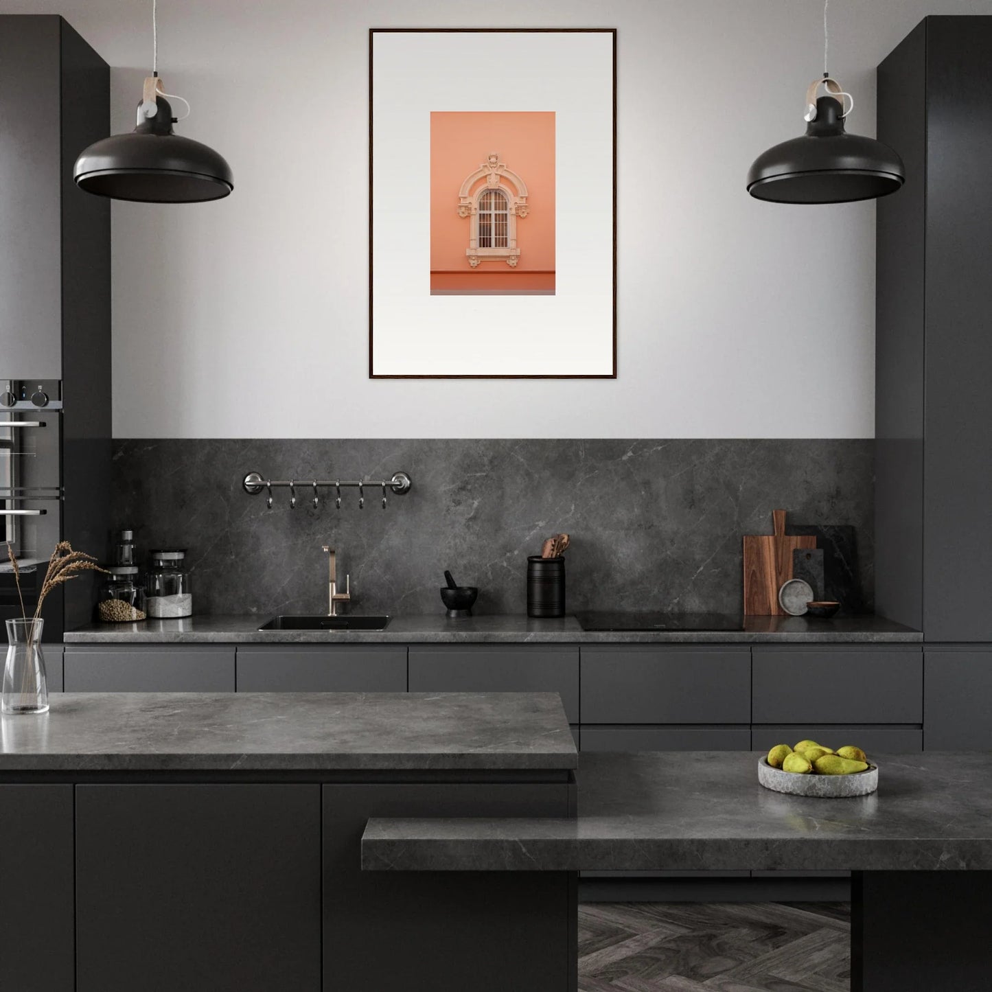 Modern dark grey kitchen featuring Opulent Dualities Neoclassical artwork and black lights