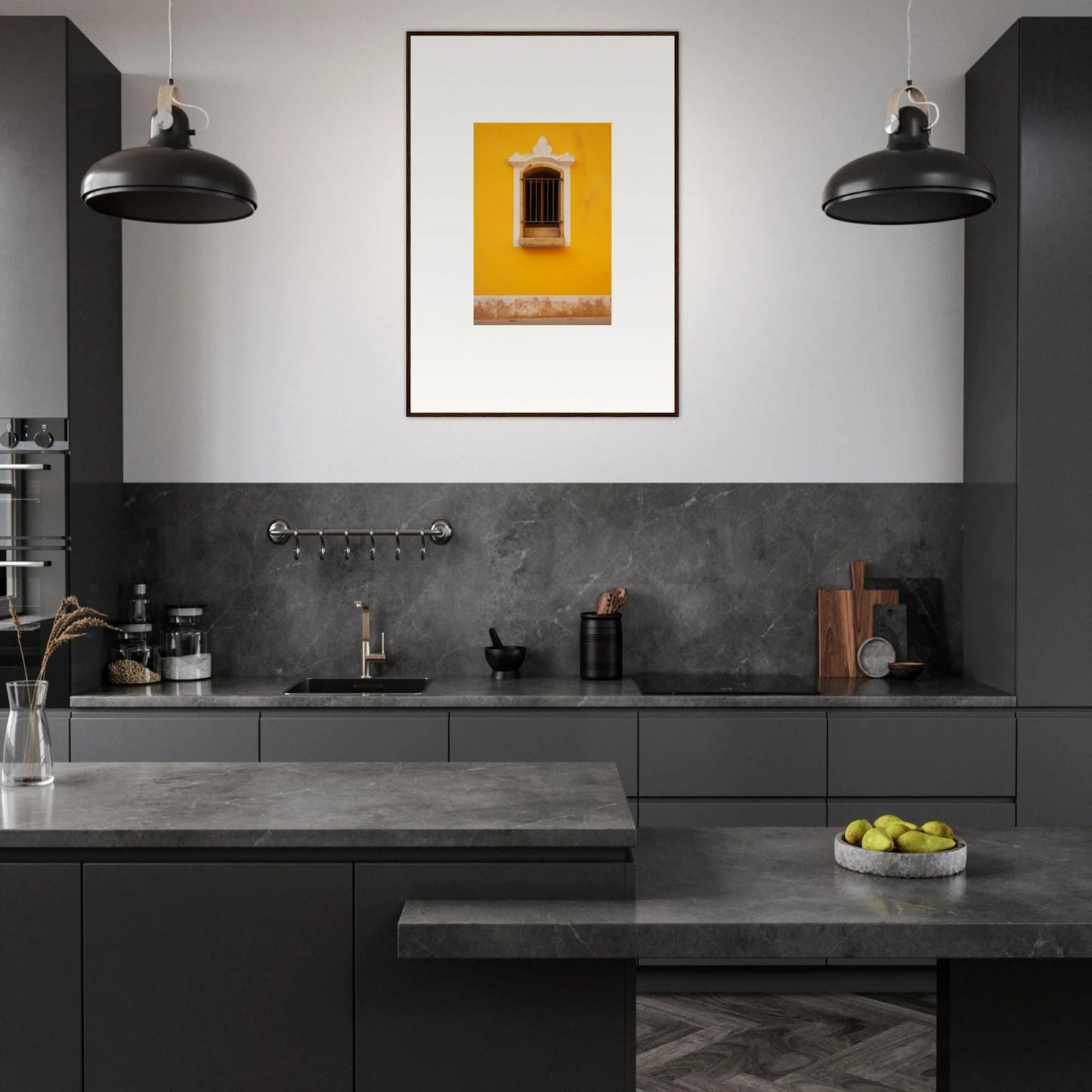 Modern dark gray kitchen featuring Daisy Dreamgate Portal with black lights and yellow art