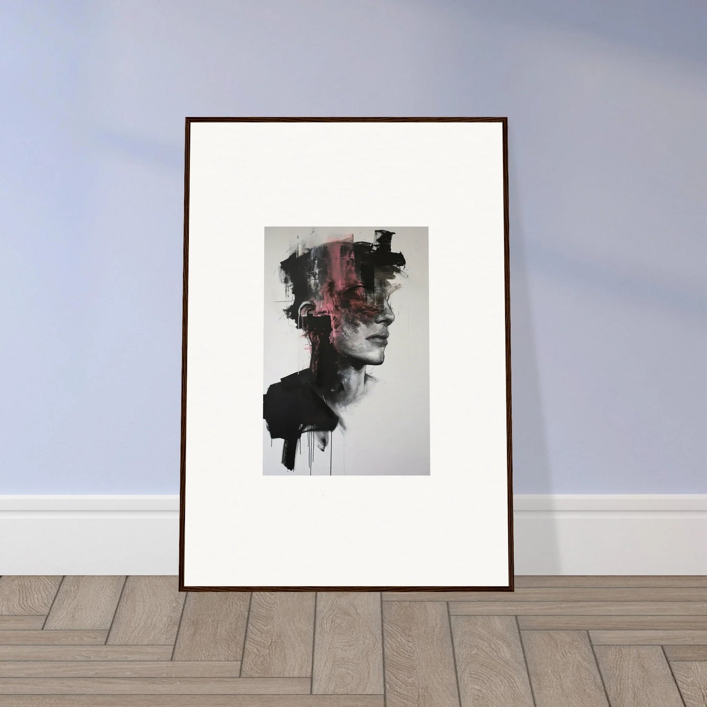 Framed black and white abstract portrait with red accents in Fragmented Psyche Canvas