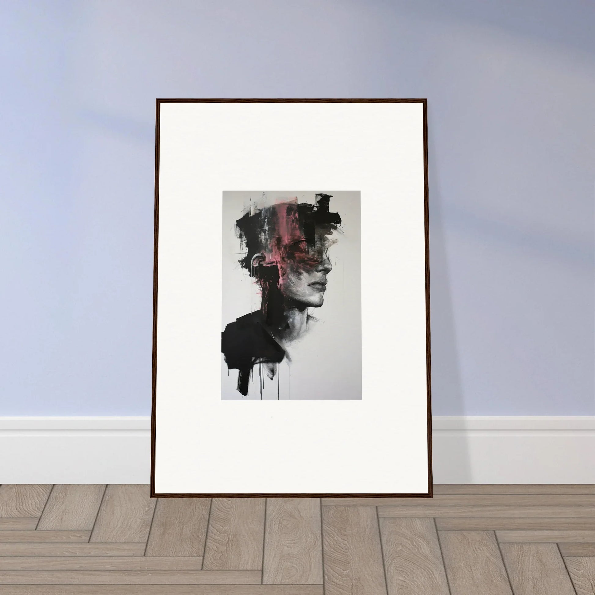 Framed black and white abstract portrait with red accents in Fragmented Psyche Canvas