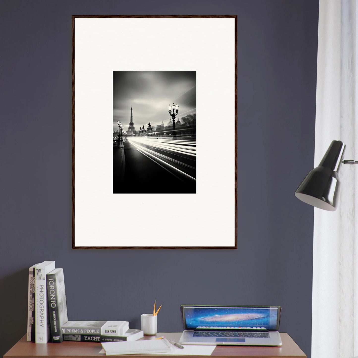 Framed wall art of Eiffel Tower with light trails, part of the Velocity Of Memories collection