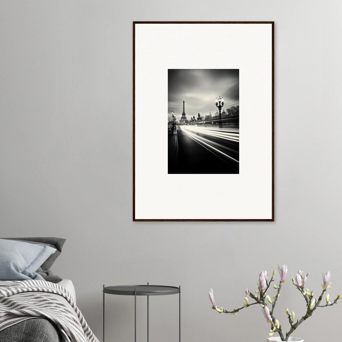 Framed black and white photograph of the Eiffel Tower with light trails, perfect for framed wall art