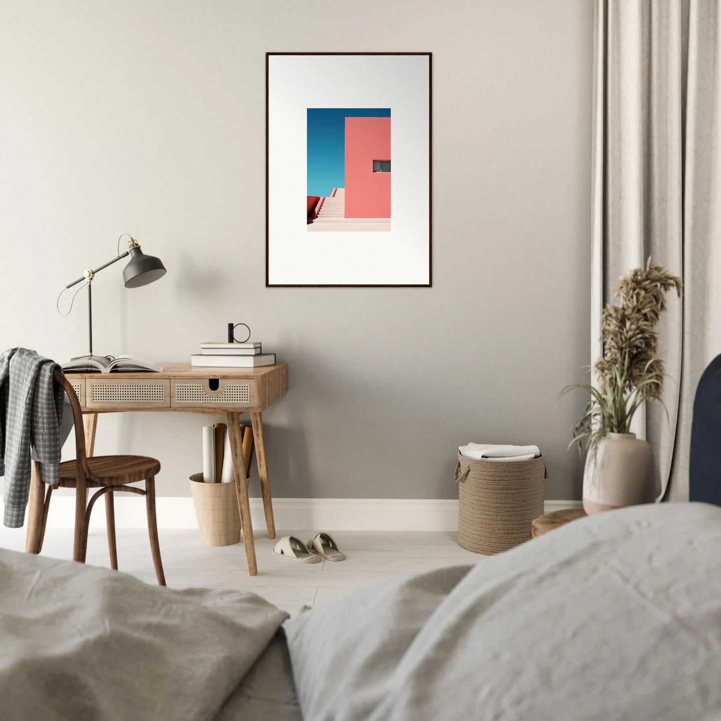 Framed wall art of Cerulean Dream Ickles with pink architecture against a blue sky