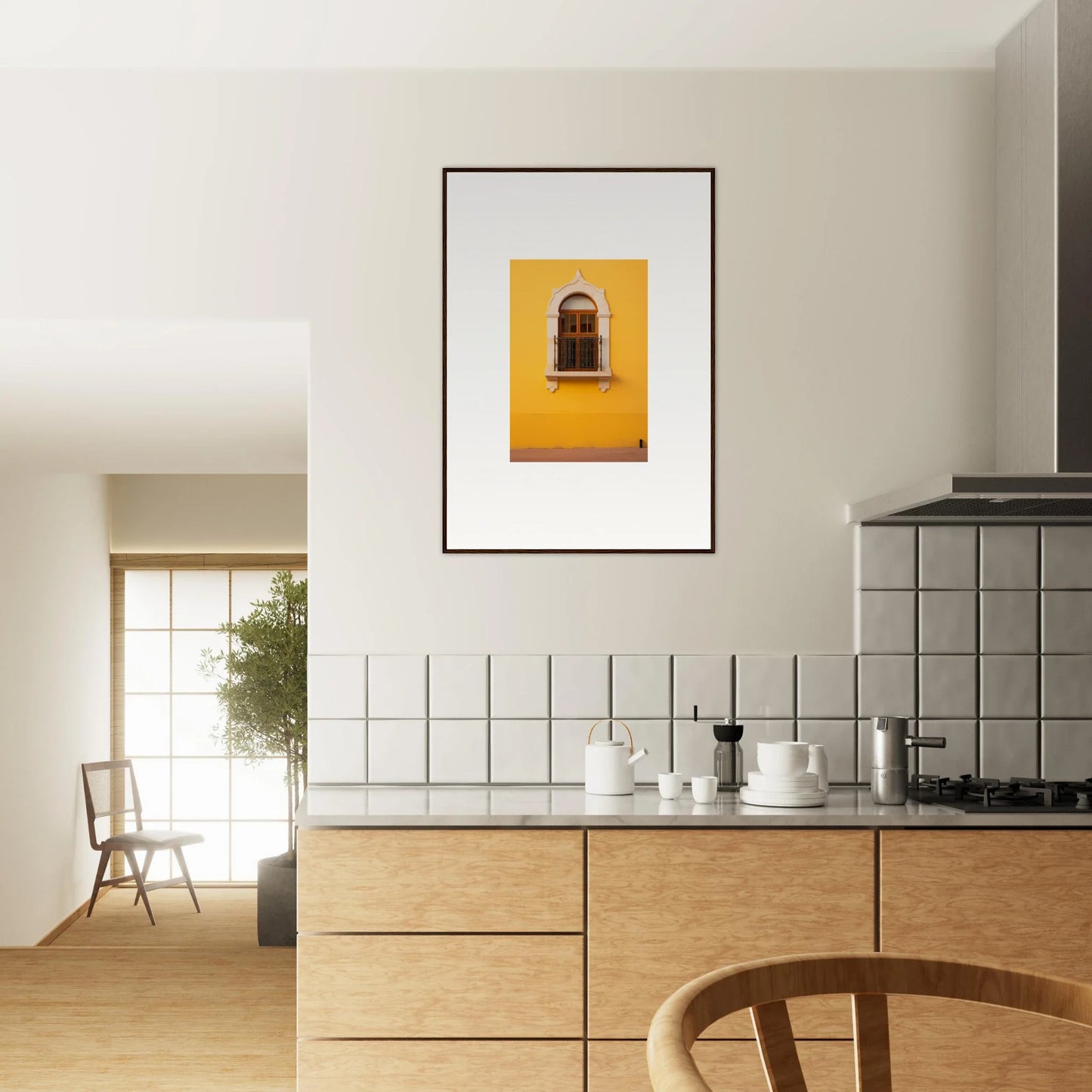 Framed photo of a yellow wall with a window, perfect for Golden Portal Reverie art