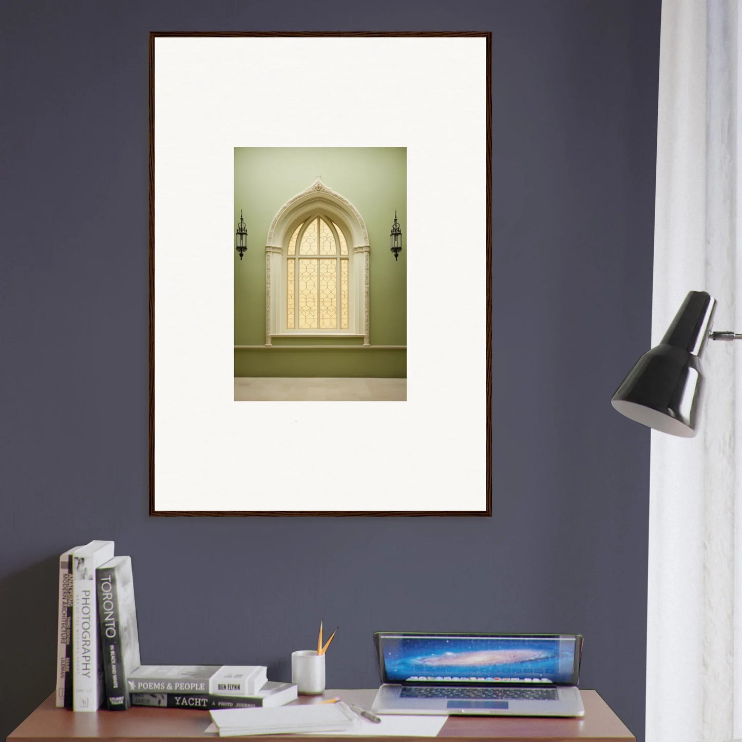 Framed wall art of an arched window, part of the Opalescent Tranquility Dwelling