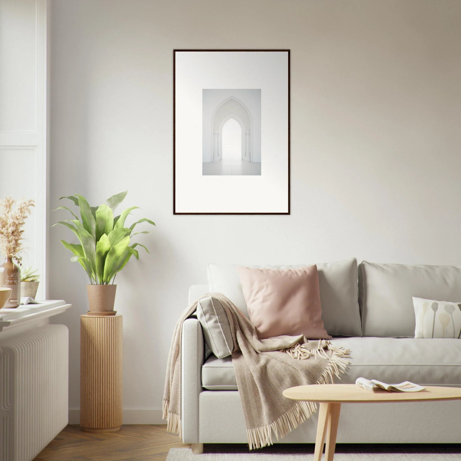 Framed black and white photo of an arched passageway for Meditative Nova Portal